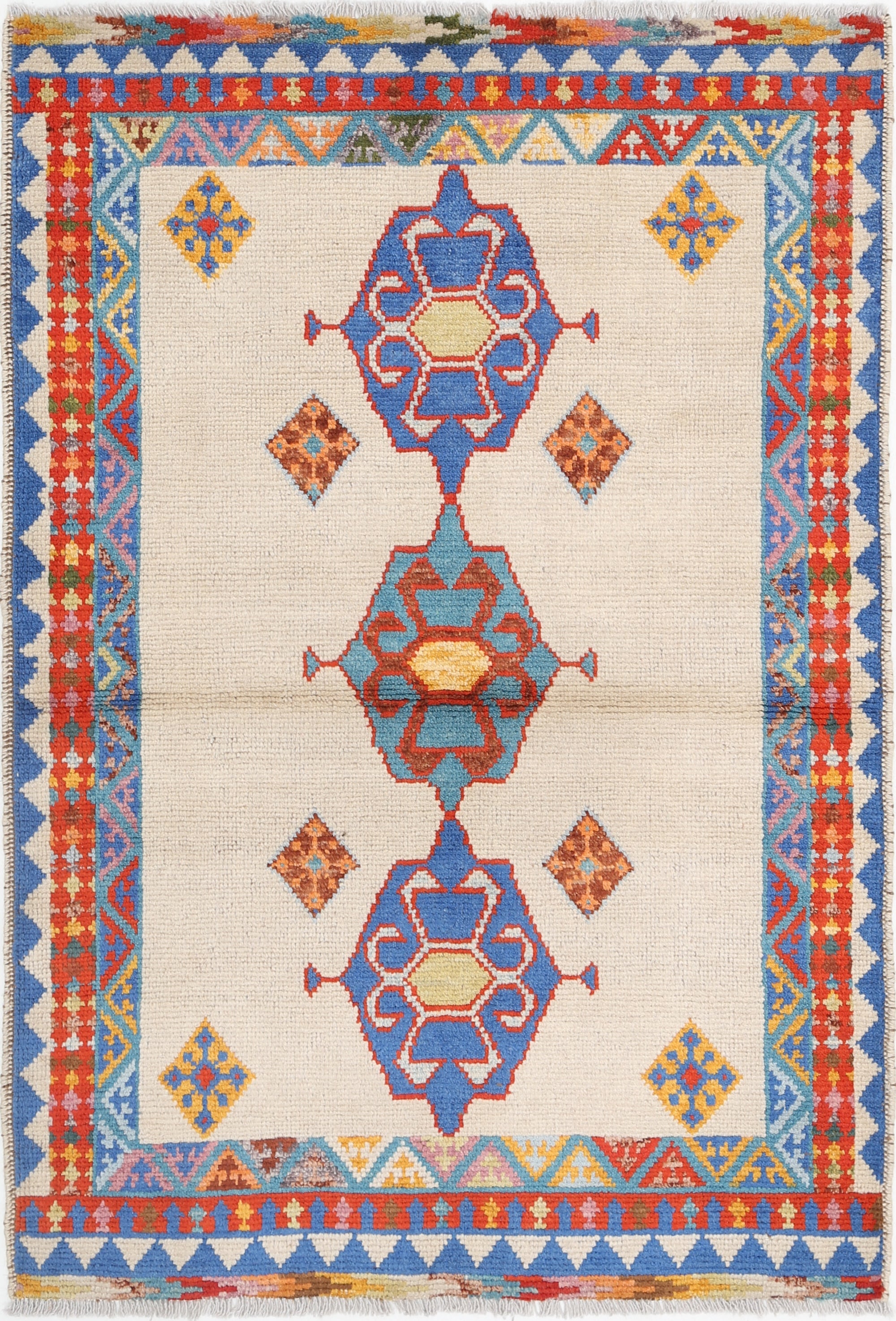 Ivory Hand-Knotted Tribal Geometric Wool Rug - 3'5" x 5'1"