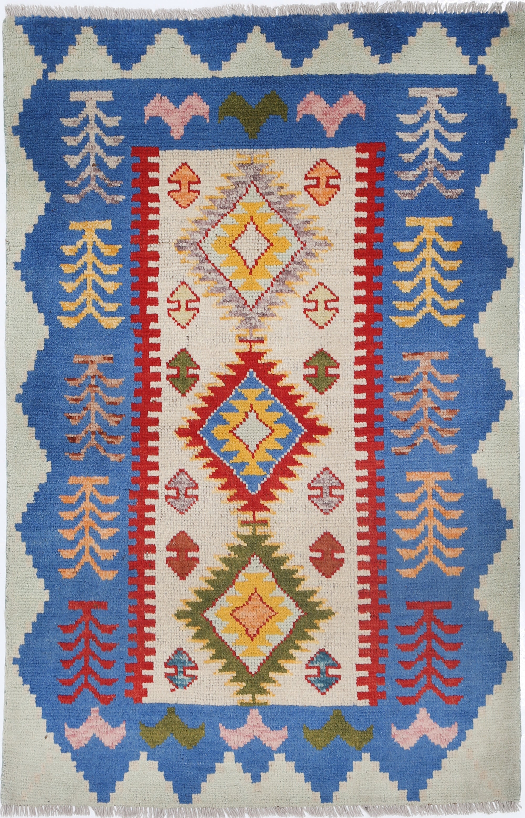 Ivory Hand-Knotted Tribal Geometric Wool Rug - 3'2" x 4'11"