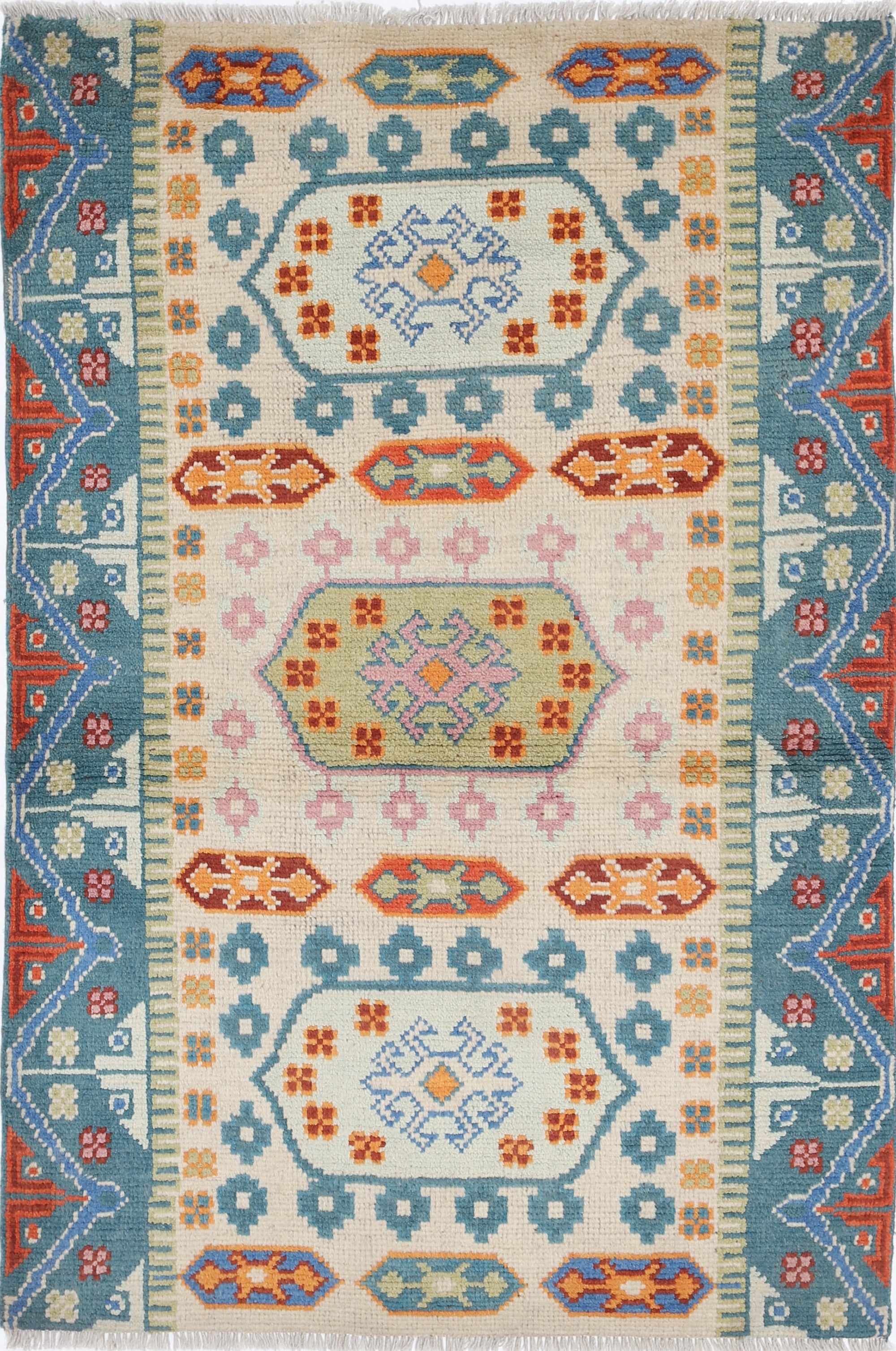 Ivory Hand-Knotted Tribal Geometric Wool Rug - 3'4" x 4'11"