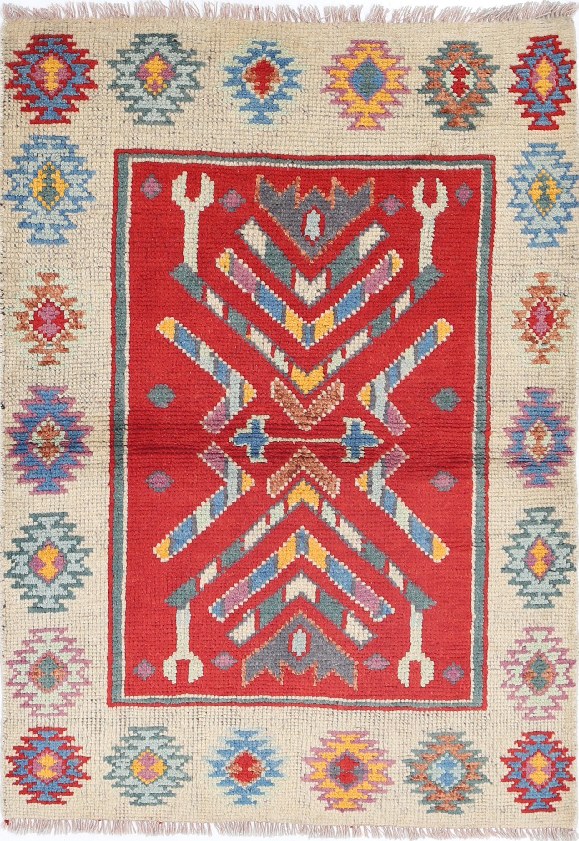 Red Hand-Knotted Tribal Geometric Wool Rug - 2'10" x 4'1"