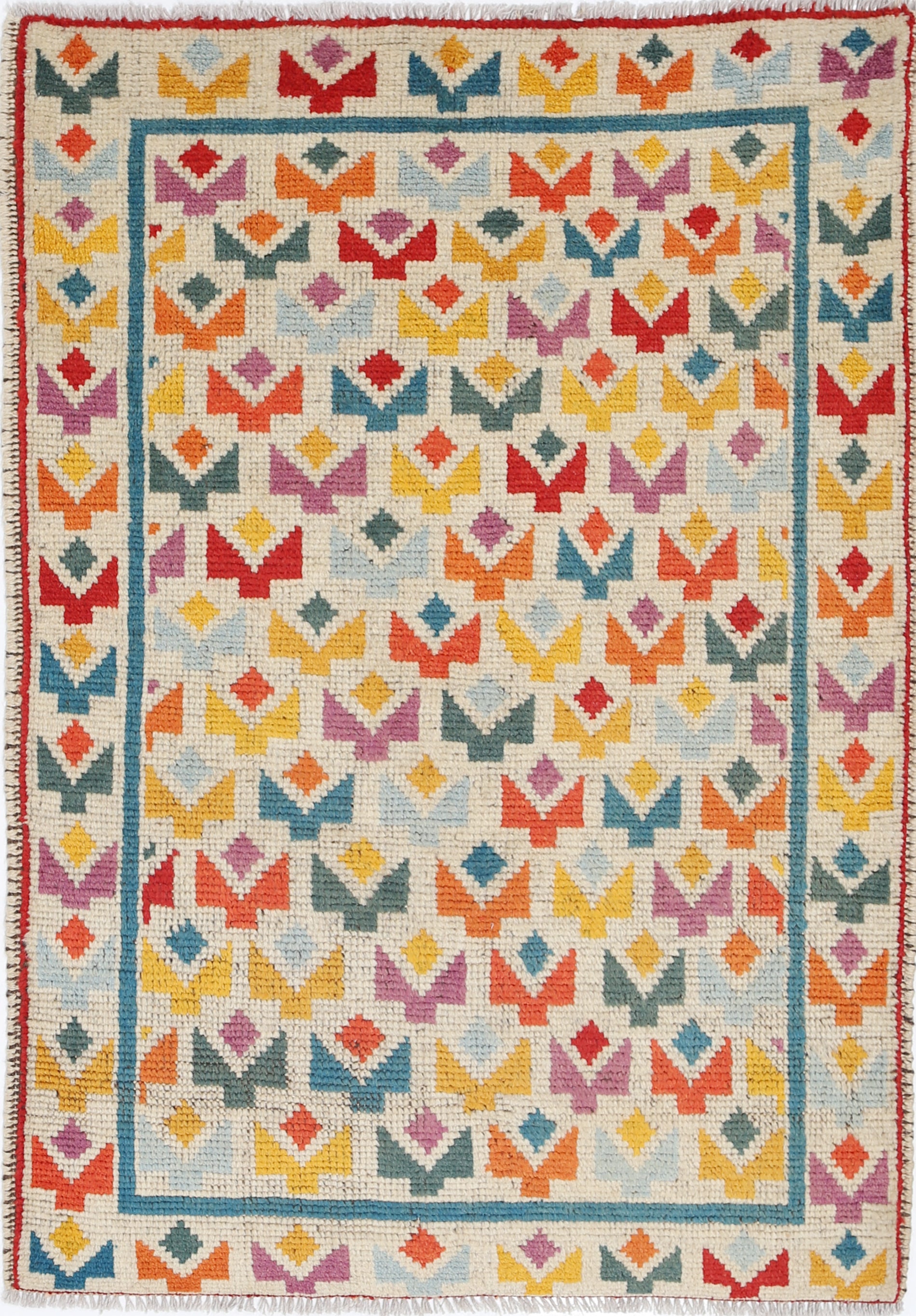 Ivory Hand-Knotted Tribal Geometric Wool Rug - 2'9" x 4'0"