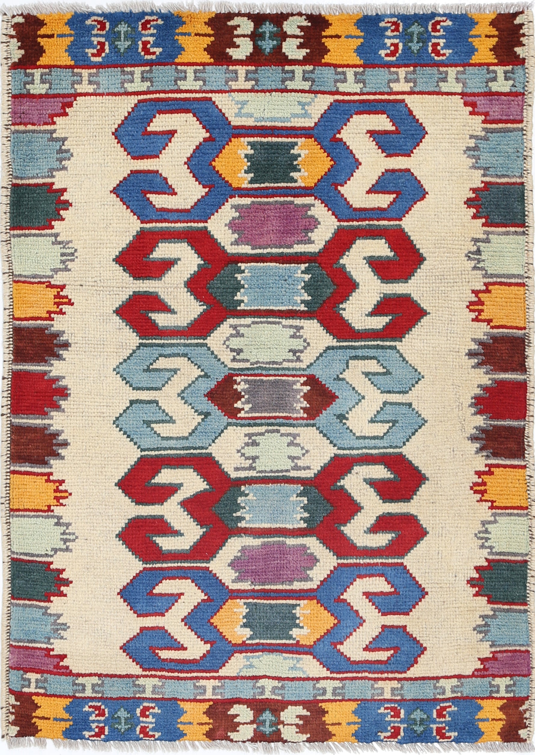 Ivory Hand-Knotted Tribal Geometric Wool Rug - 2'9" x 3'10"