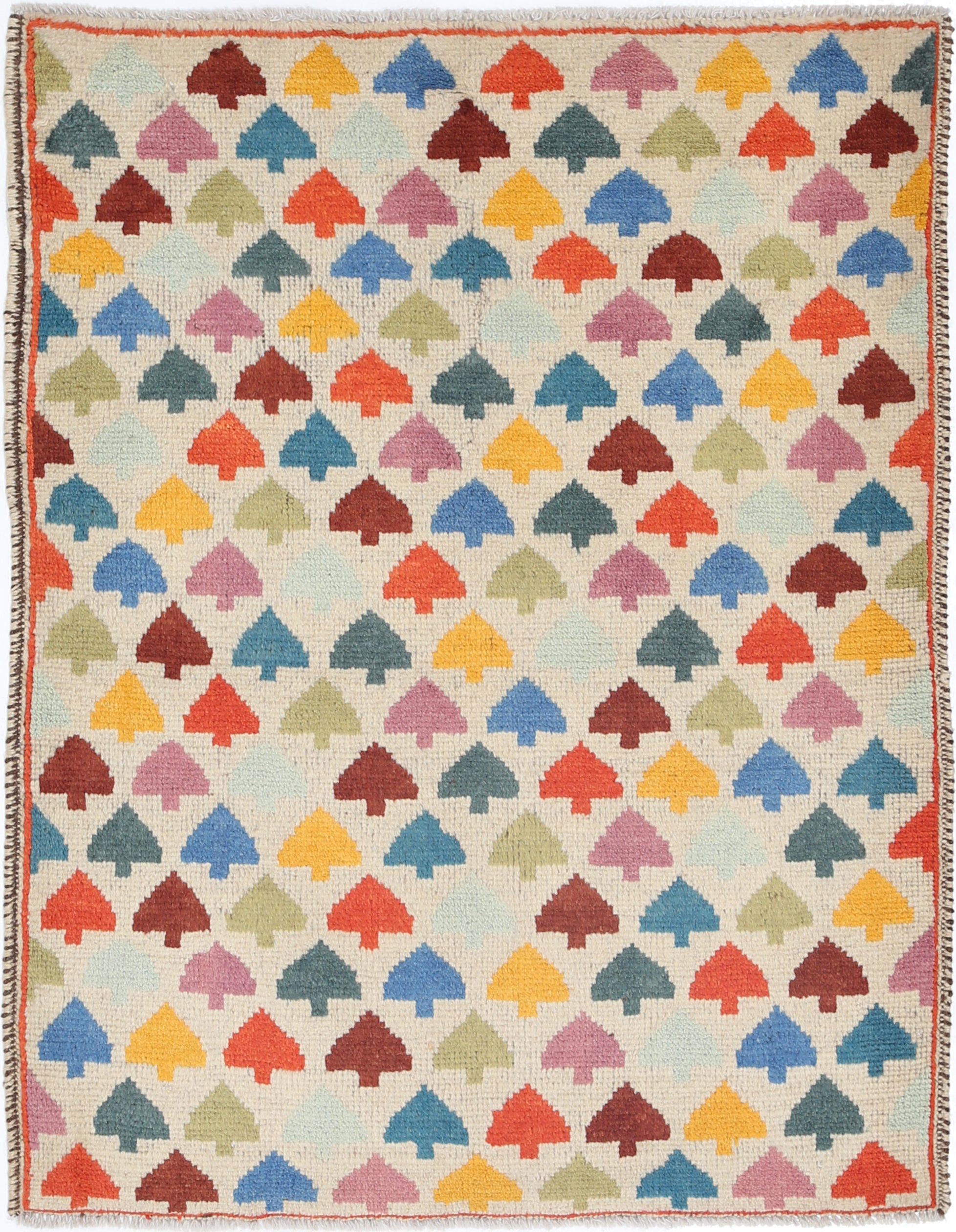 Ivory Hand-Knotted Tribal Geometric Wool Rug - 3'0" x 3'11"