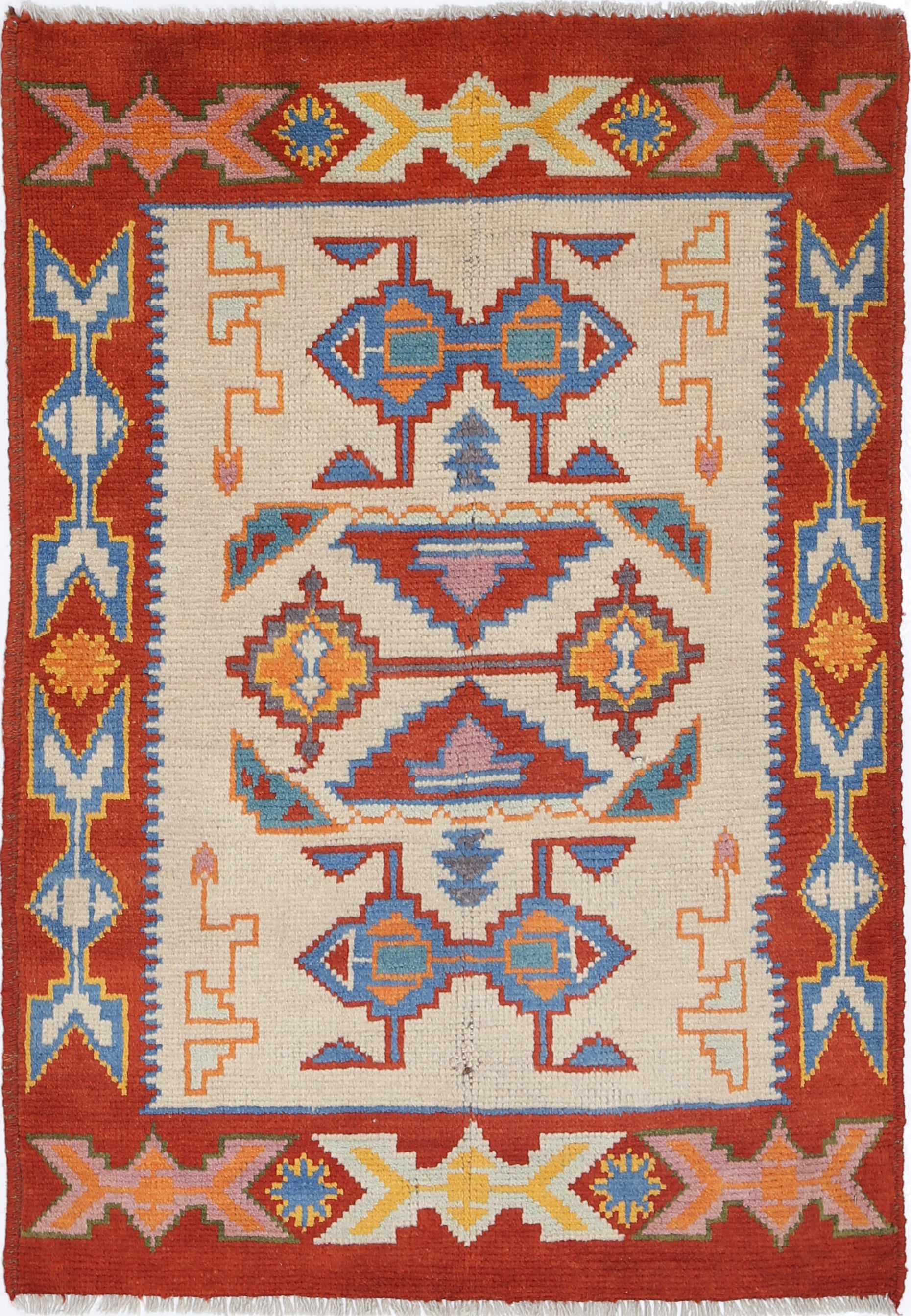 Ivory Hand-Knotted Tribal Geometric Wool Rug - 2'9" x 4'0"