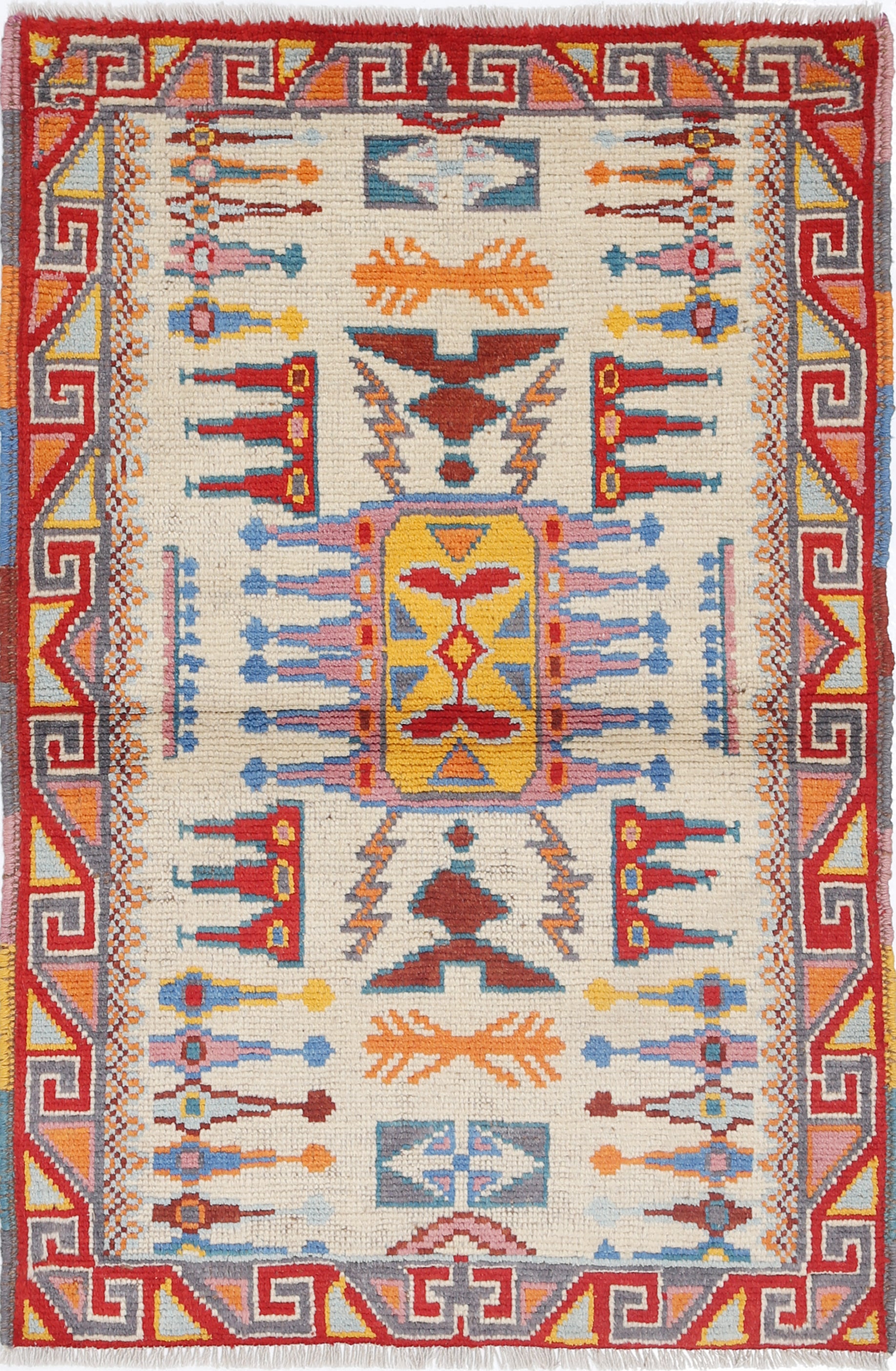 Ivory Hand-Knotted Tribal Geometric Wool Rug - 2'8" x 4'3"