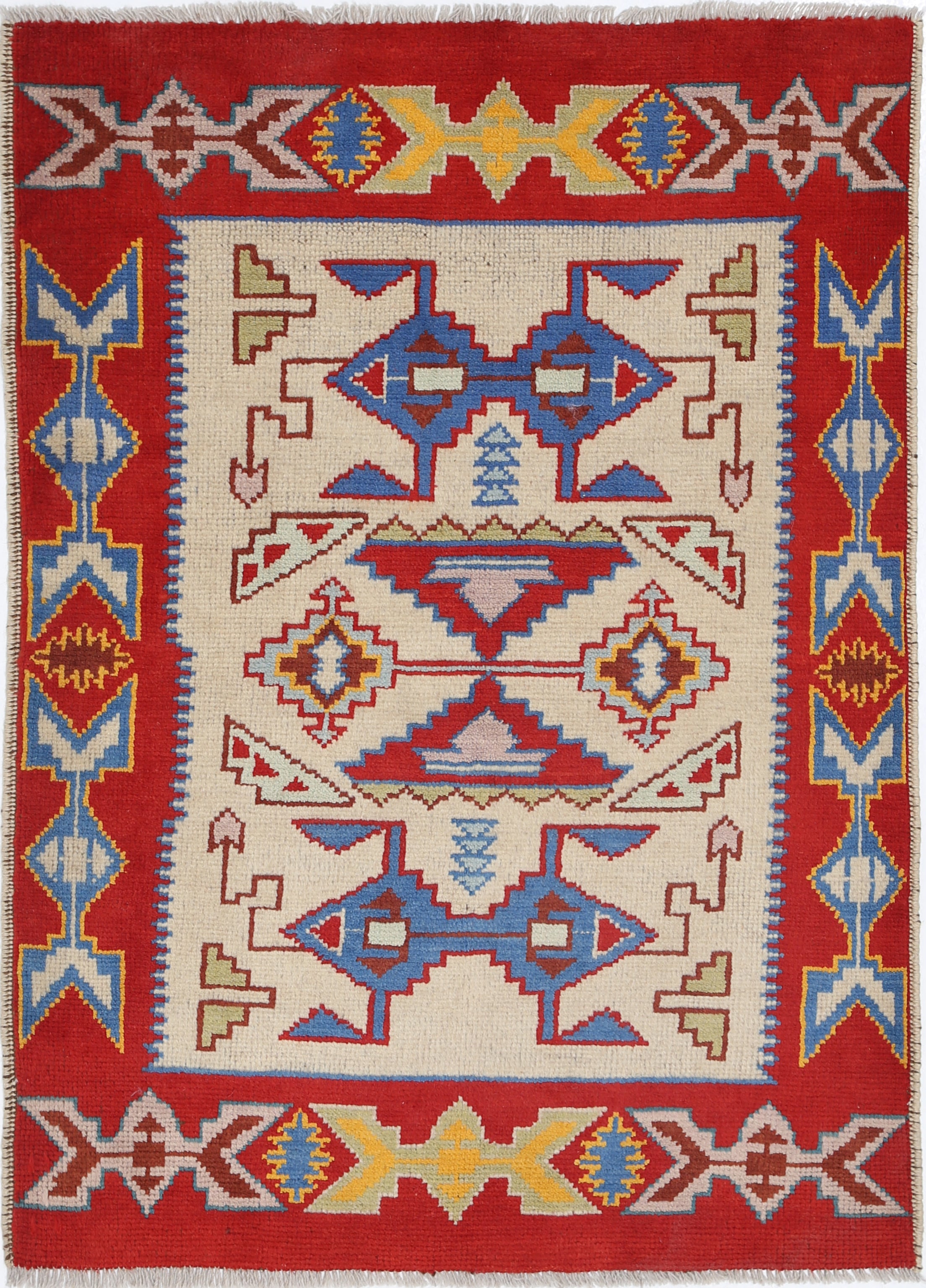 Ivory Hand-Knotted Tribal Geometric Wool Rug - 3'2" x 4'7"