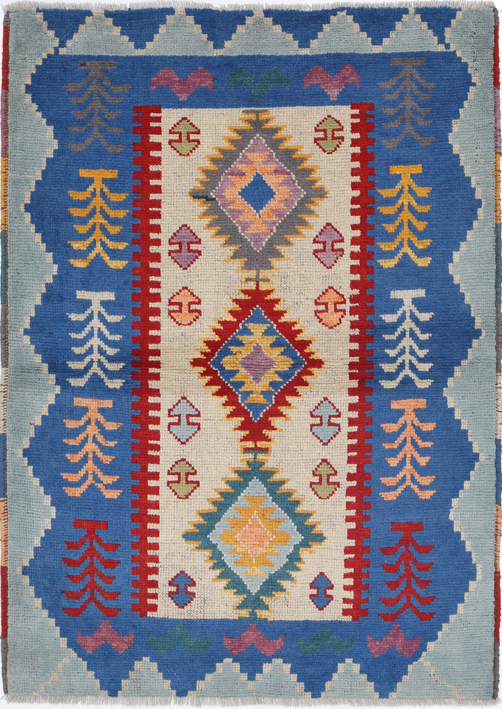 Ivory Hand-Knotted Tribal Geometric Wool Rug - 3'5" x 4'9"