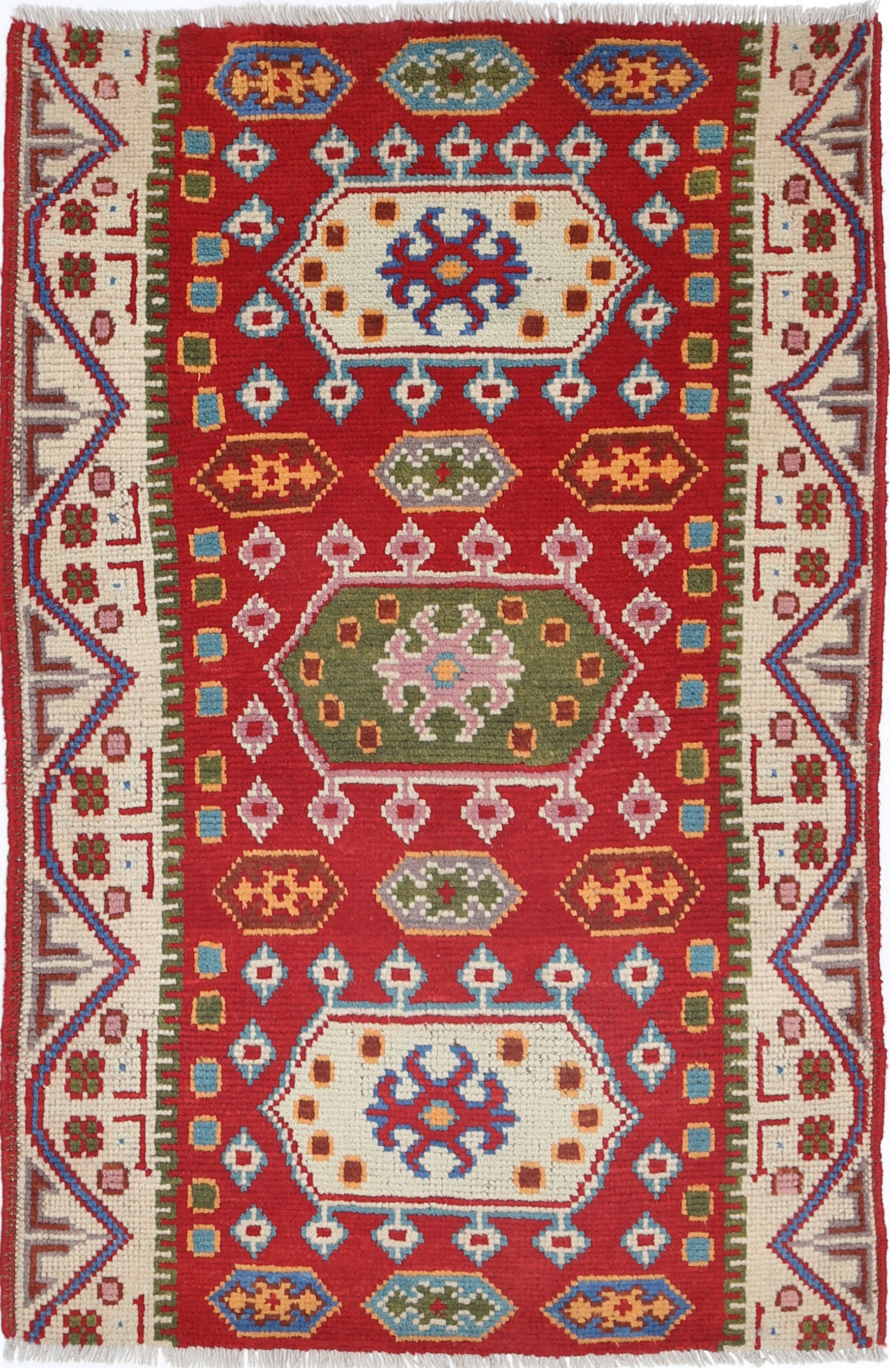 Red Hand-Knotted Tribal Geometric Wool Rug - 2'8" x 4'2"