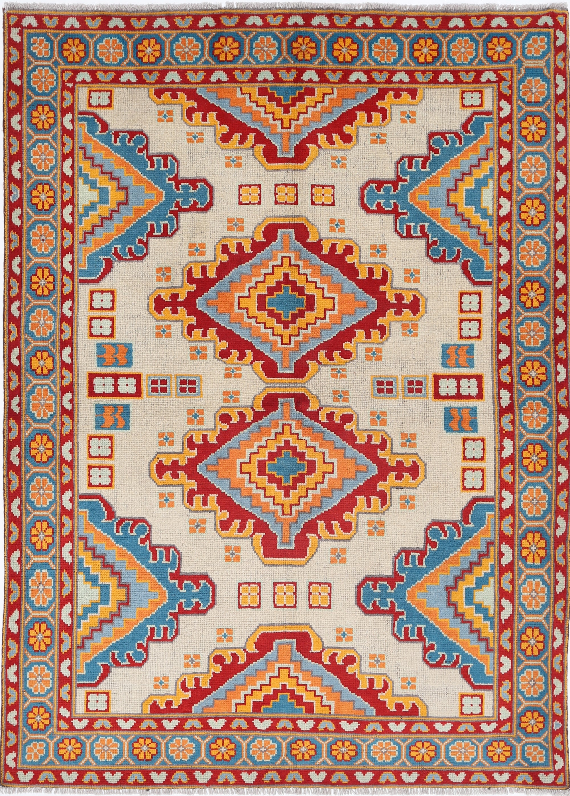 Ivory Hand-Knotted Tribal Geometric Wool Rug - 5'9" x 8'0"