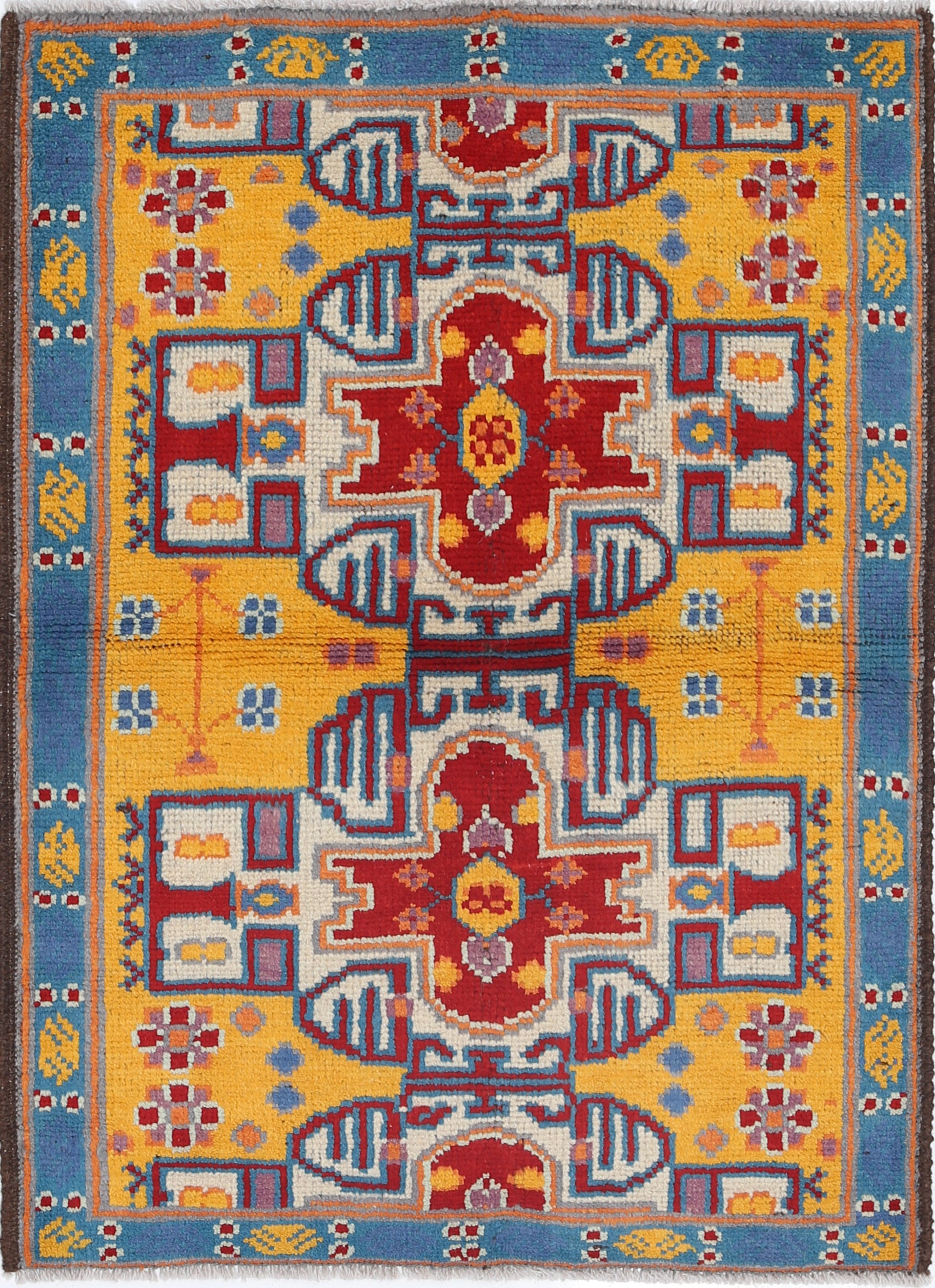 Gold Hand-Knotted Tribal Geometric Wool Rug - 2'8" x 3'9"