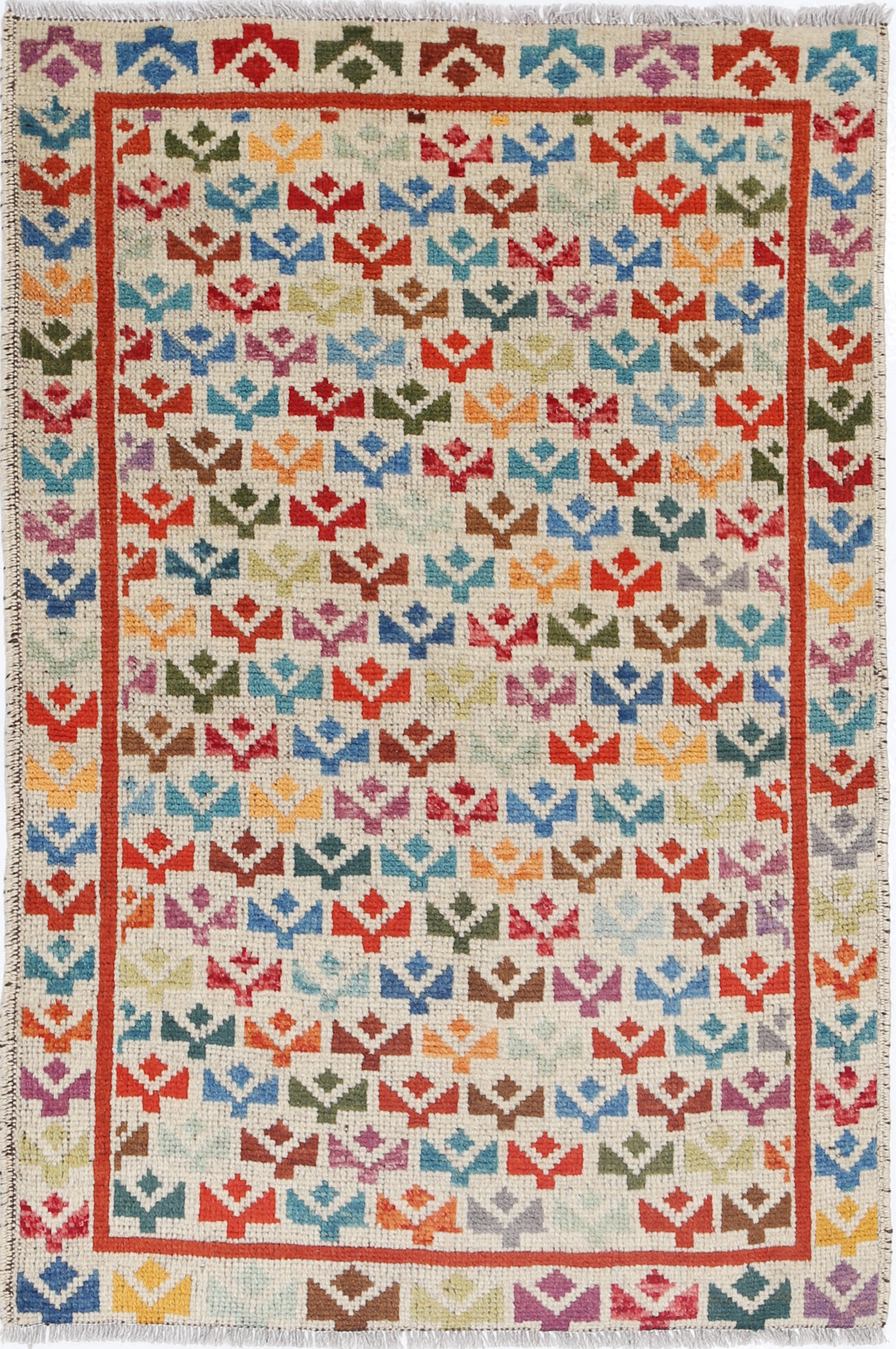 Ivory Hand-Knotted Tribal Geometric Wool Rug - 2'8" x 4'0"