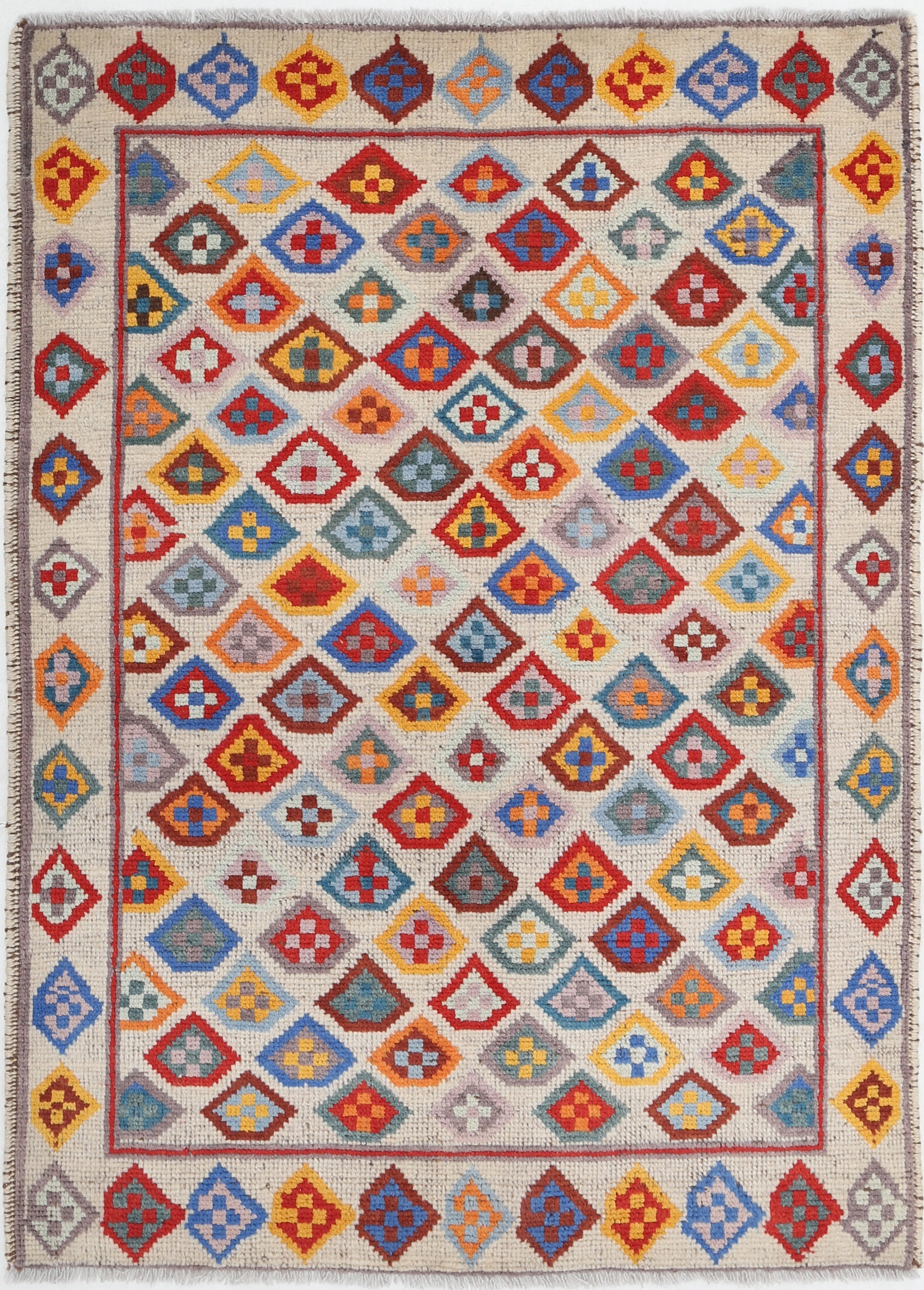 Ivory Hand-Knotted Tribal Geometric Wool Rug - 3'5" x 5'0"