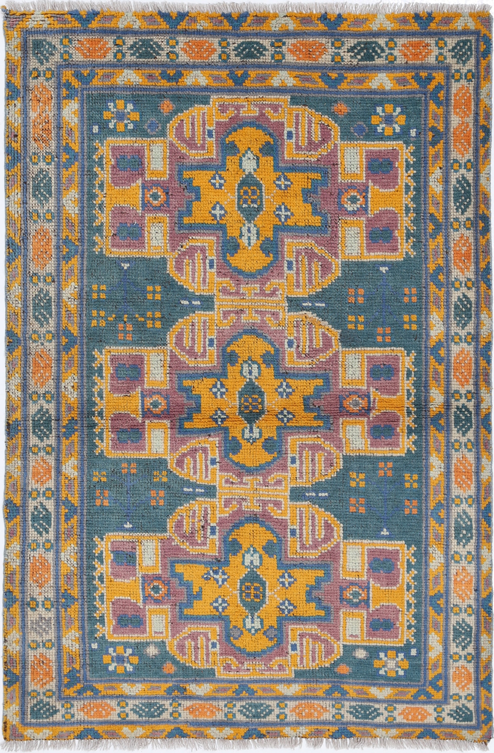 Blue Hand-Knotted Tribal Geometric Wool Rug - 3'2" x 4'10"