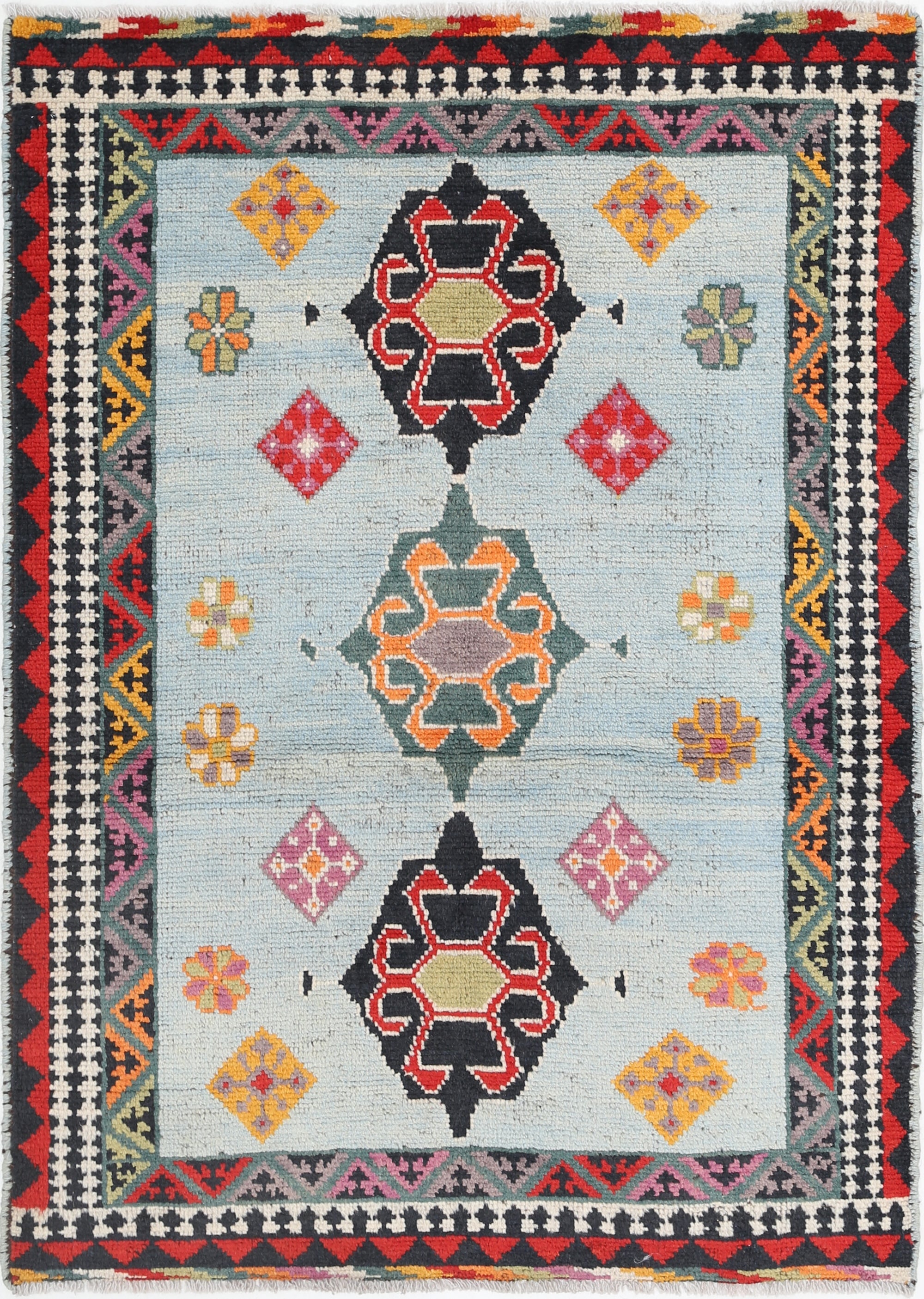 Grey Hand-Knotted Tribal Geometric Wool Rug - 3'6" x 4'9"