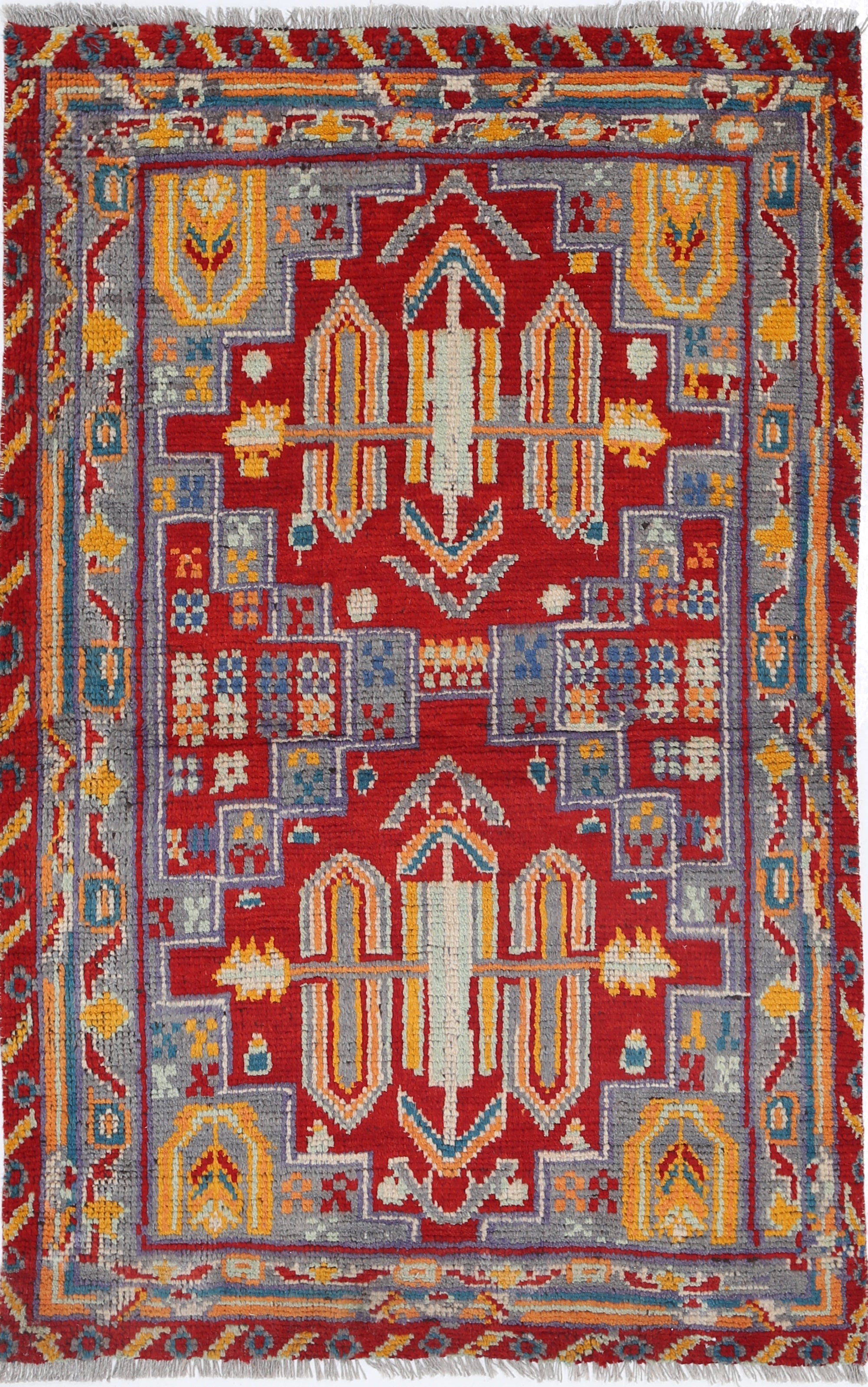 Red Hand-Knotted Tribal Geometric Wool Rug - 3'2" x 4'11"