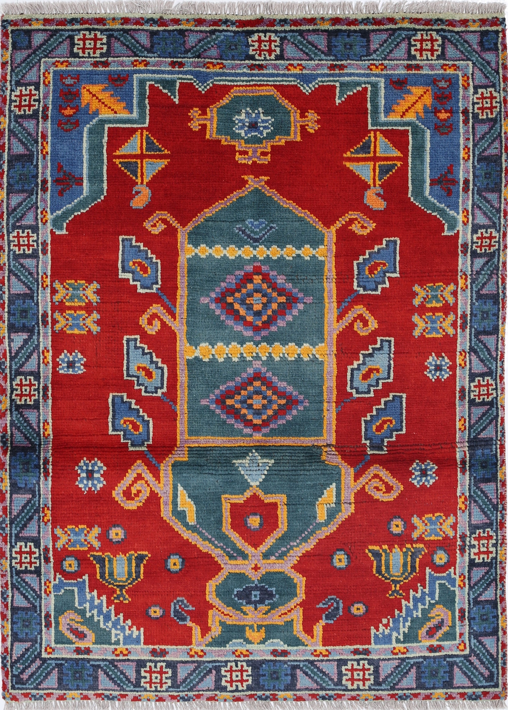 Red Hand-Knotted Tribal Geometric Wool Rug - 3'3" x 4'7"
