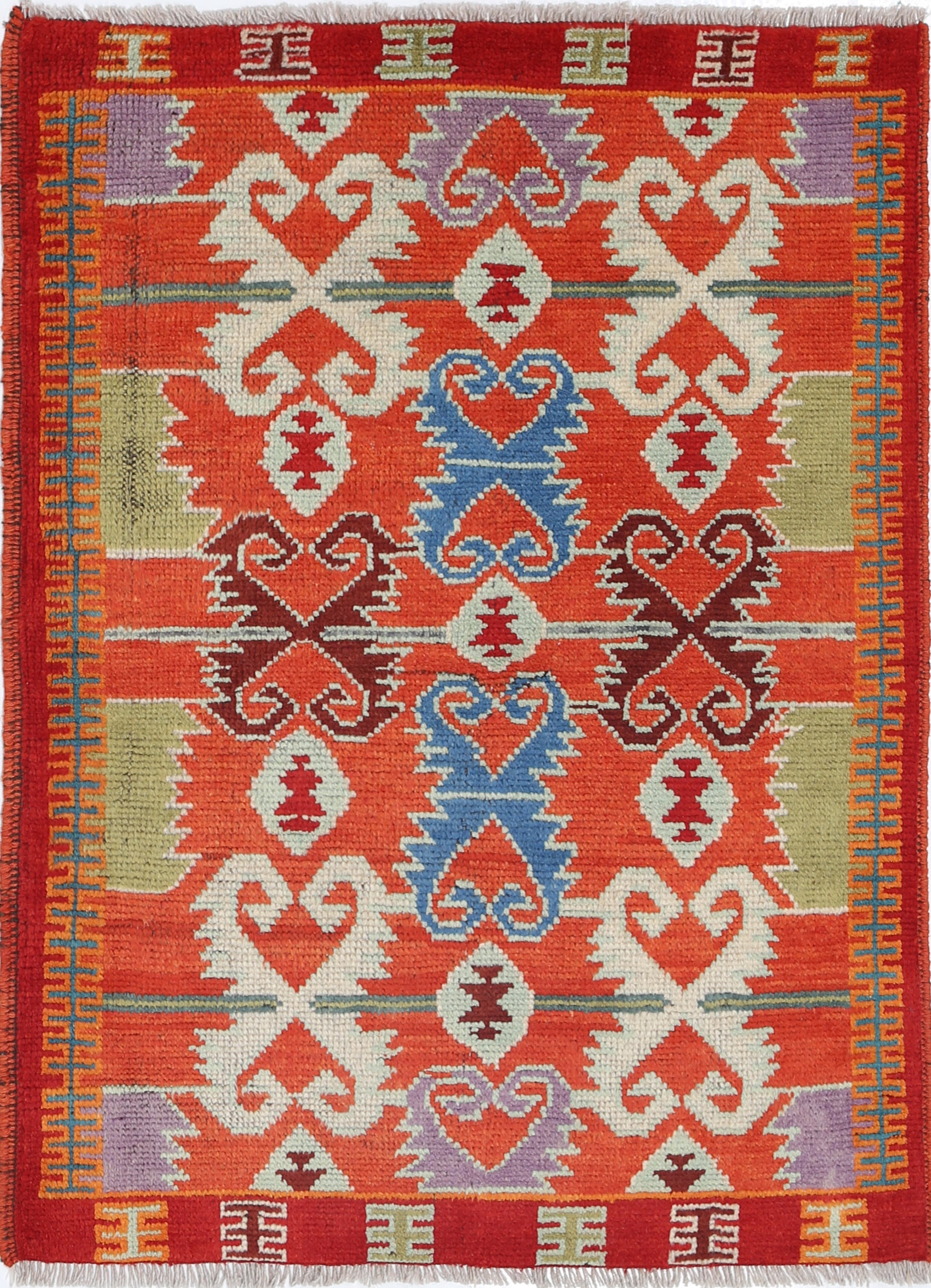 Rust Hand-Knotted Tribal Geometric Wool Rug - 2'7" x 3'11"