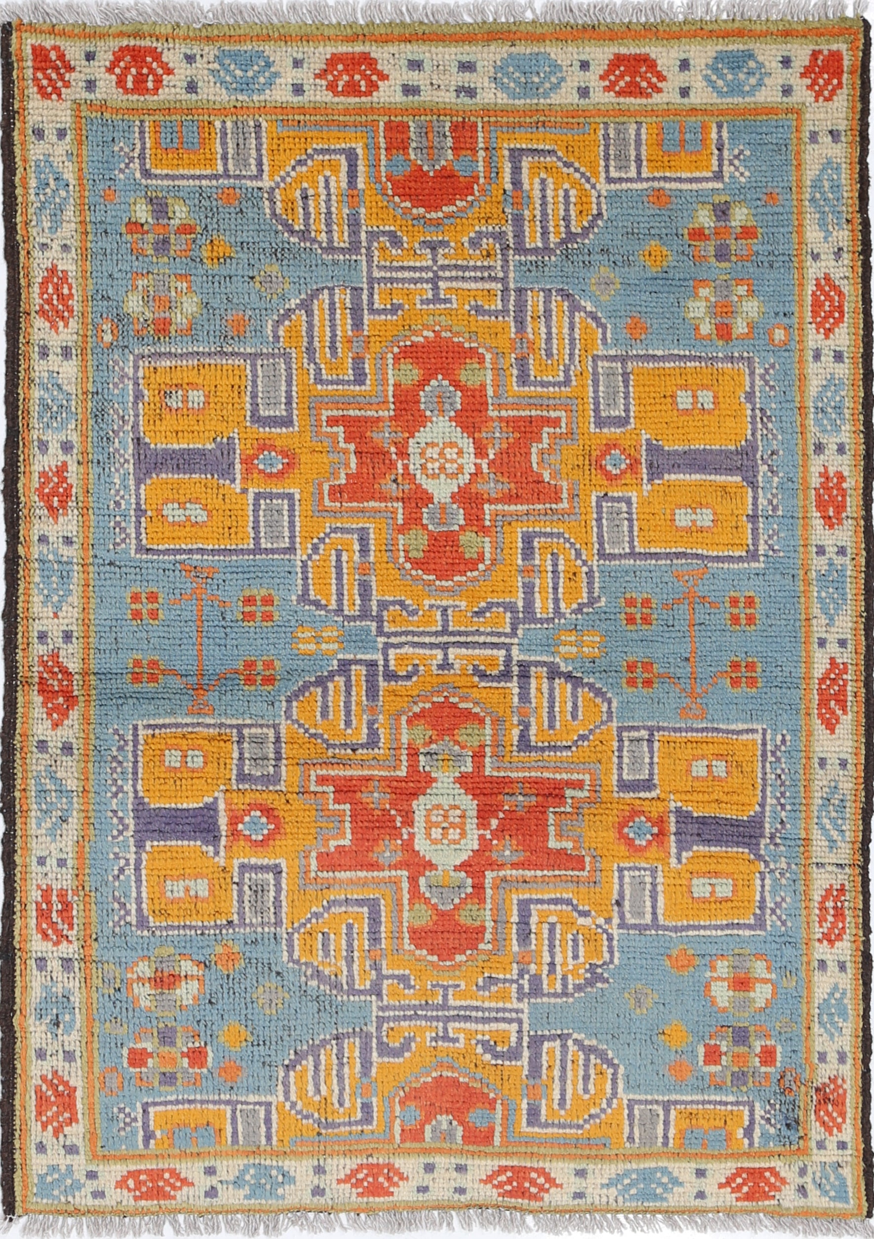 Blue Hand-Knotted Tribal Geometric Wool Rug - 2'7" x 3'11"