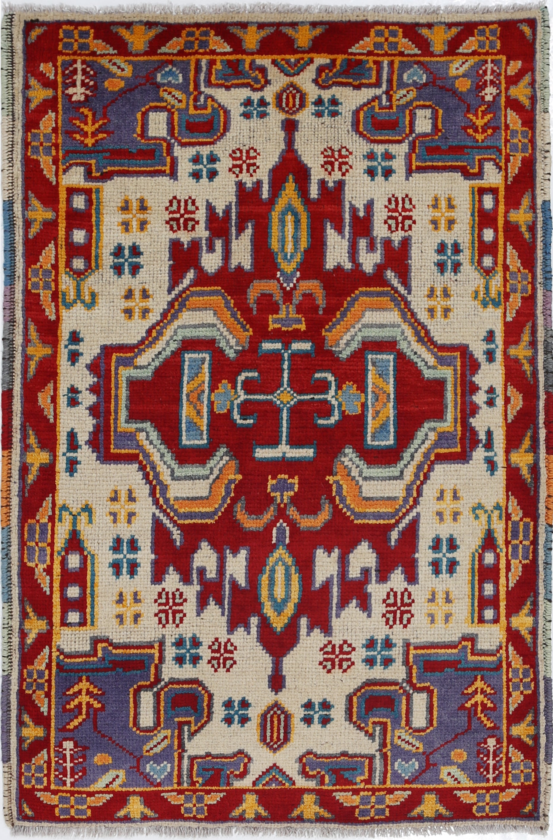 Ivory Hand-Knotted Tribal Geometric Wool Rug - 2'8" x 4'3"