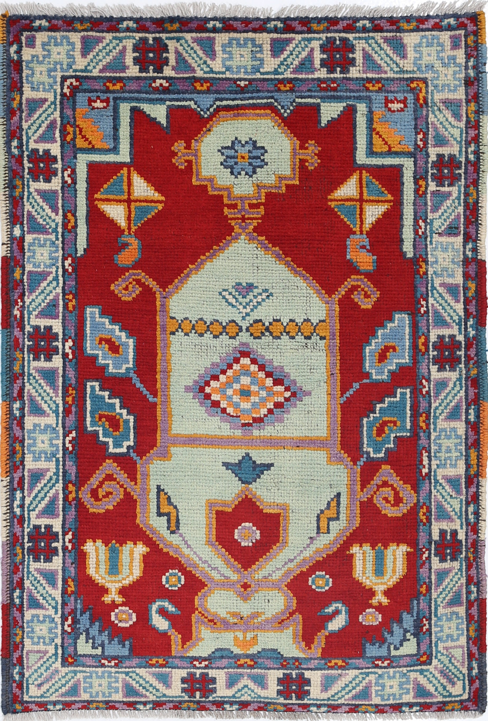 Red Hand-Knotted Tribal Geometric Wool Rug - 2'9" x 4'1"
