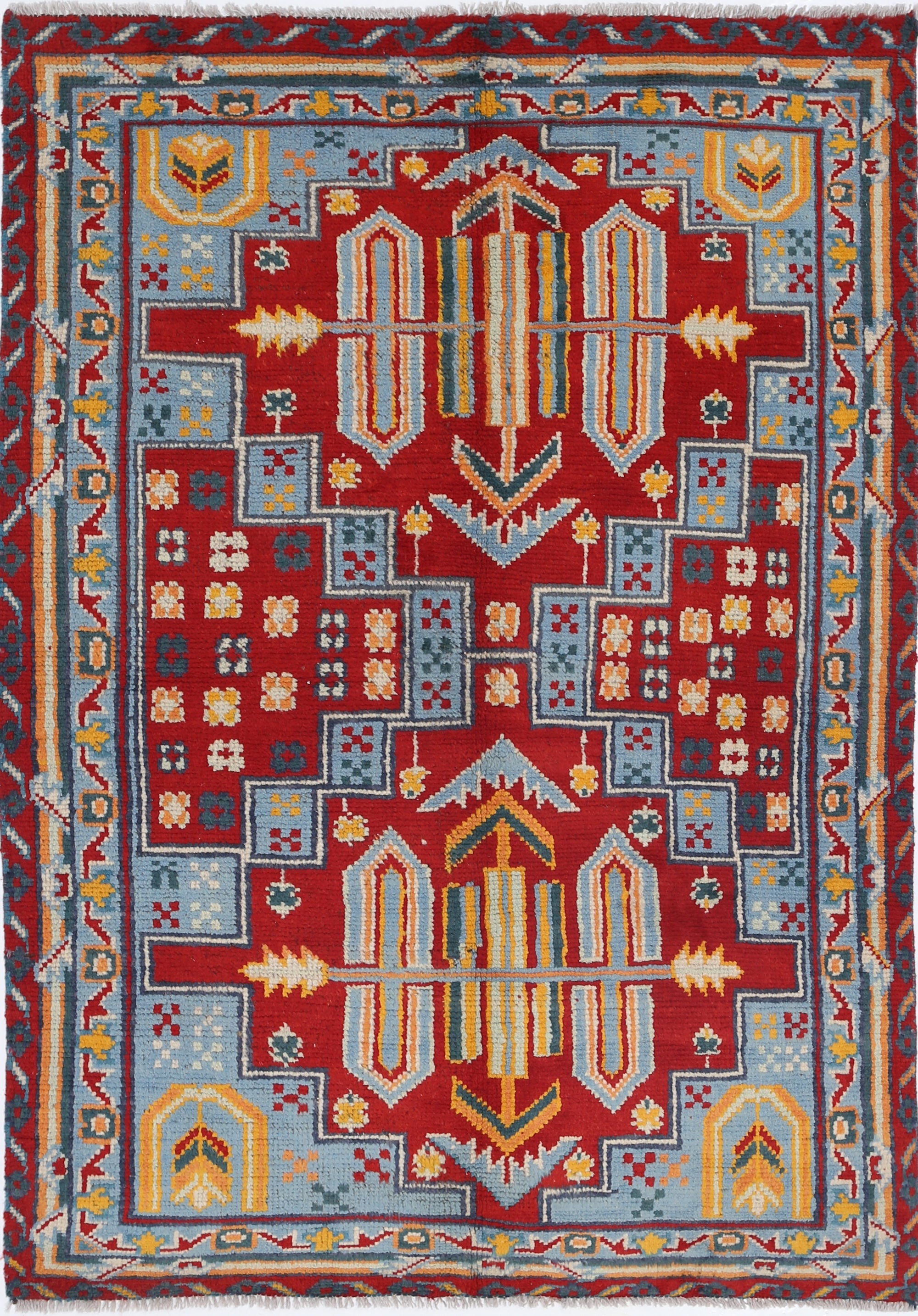 Red Hand-Knotted Tribal Geometric Wool Rug - 4'0" x 5'10"
