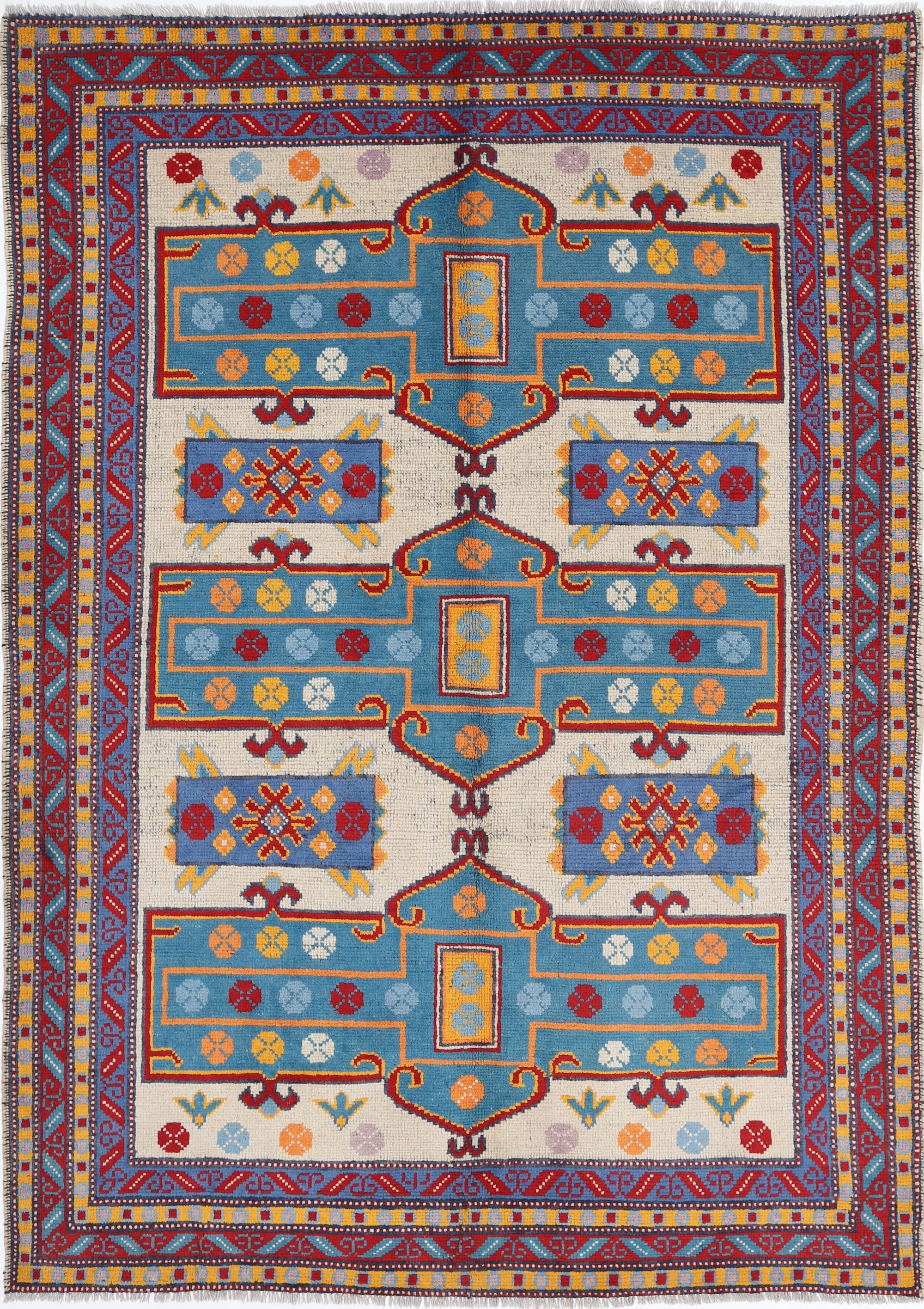 Ivory Hand-Knotted Tribal Geometric Wool Rug - 5'6" x 8'0"