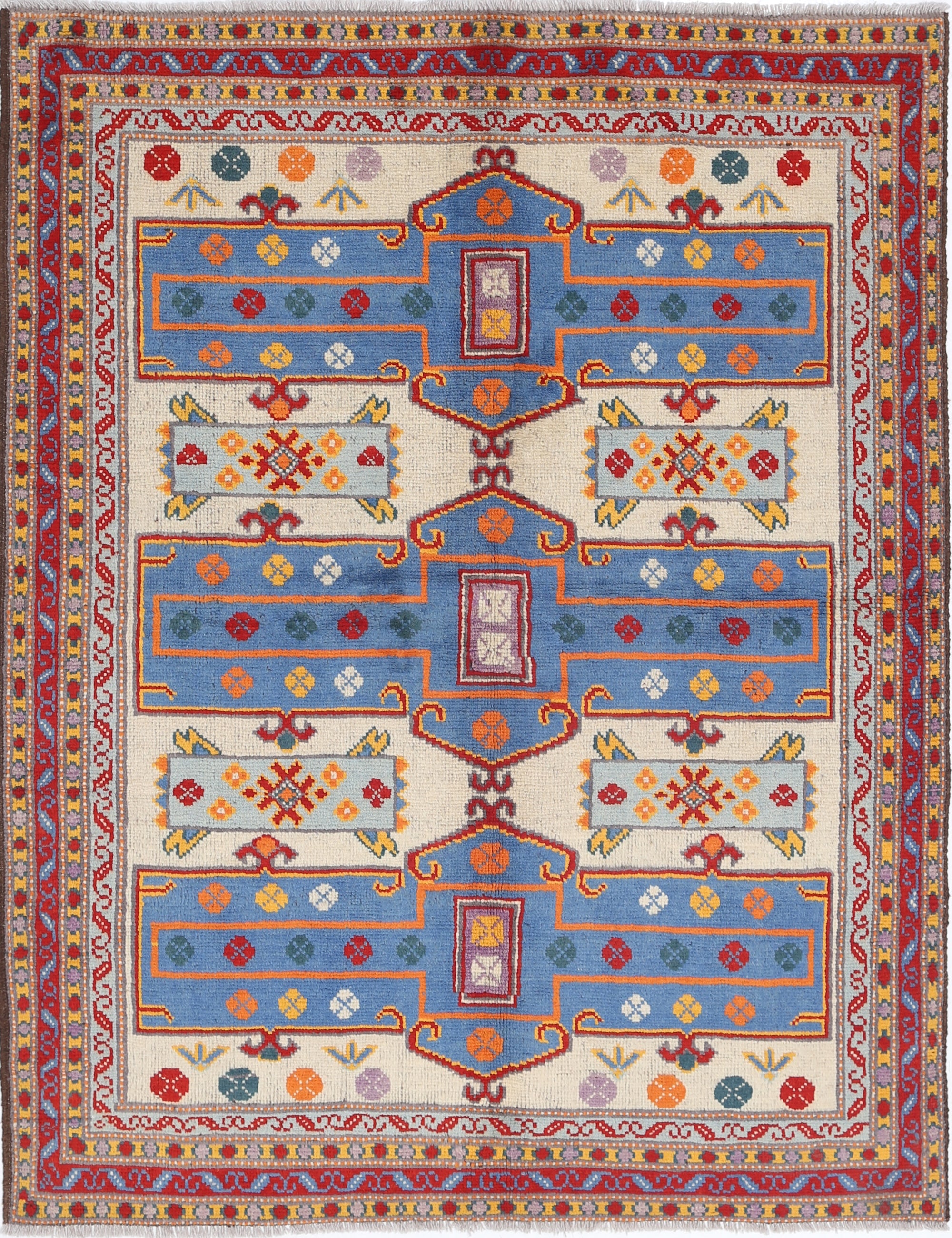 Ivory Hand-Knotted Tribal Geometric Wool Rug - 5'0" x 6'7"