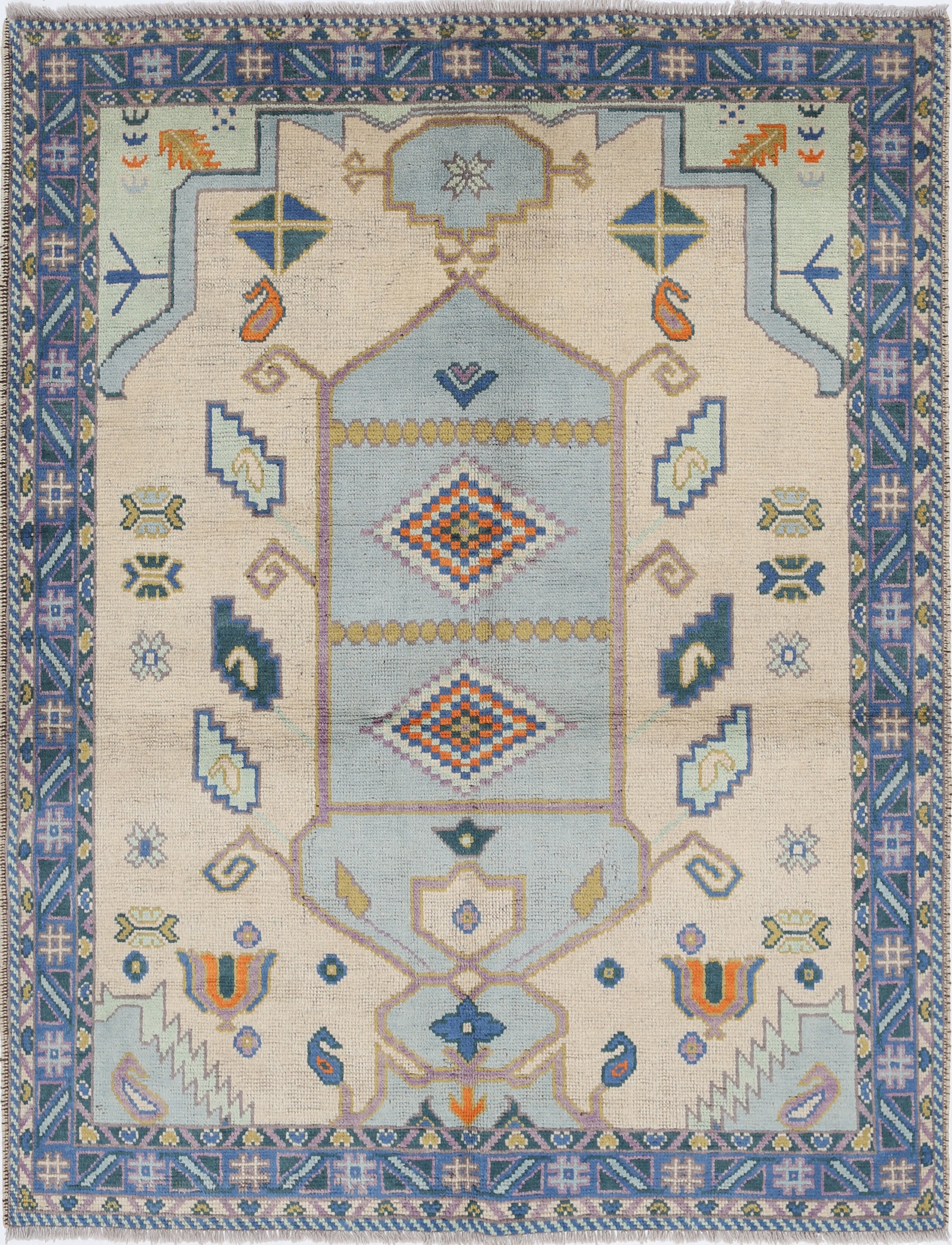 Ivory Hand-Knotted Tribal Geometric Wool Rug - 5'0" x 6'7"