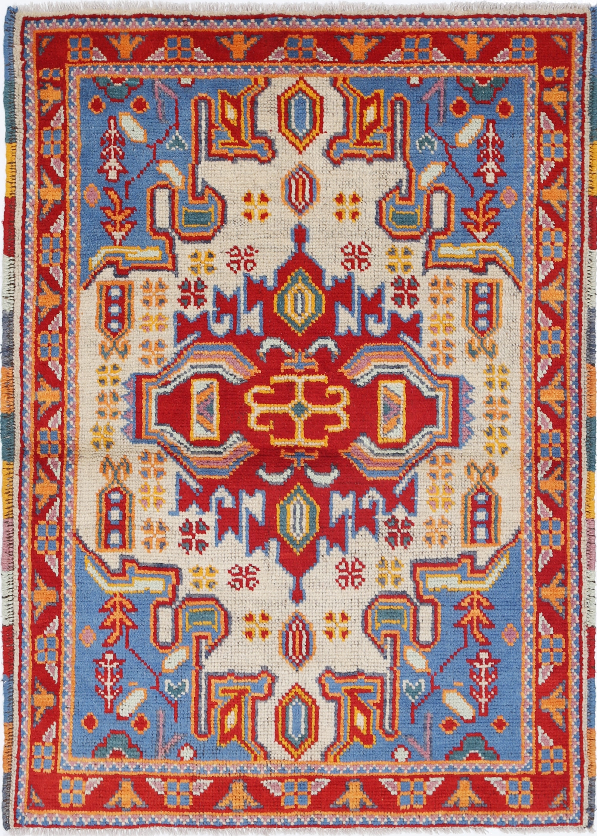 Ivory Hand-Knotted Tribal Geometric Wool Rug - 3'4" x 4'10"