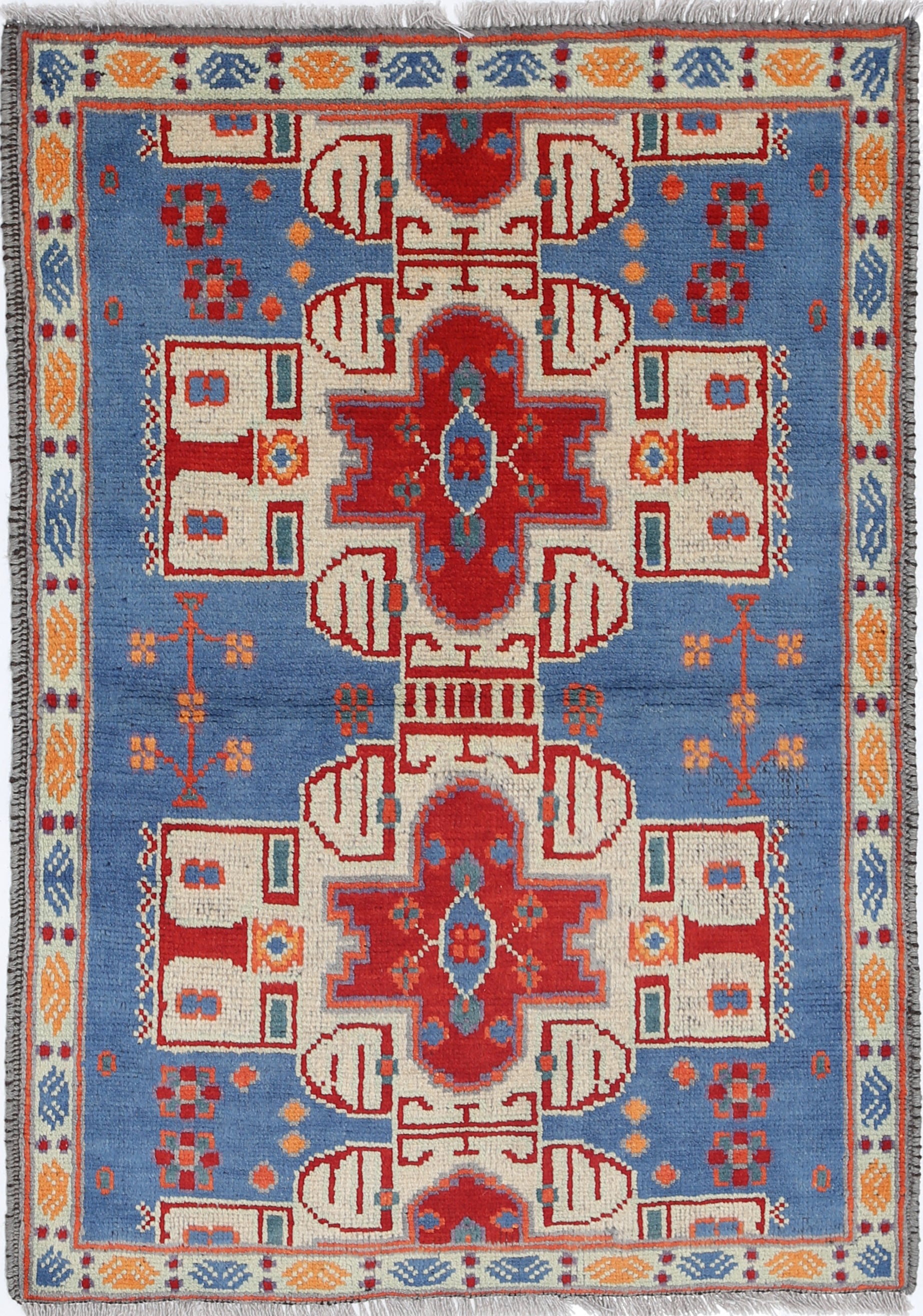 Blue Hand-Knotted Tribal Geometric Wool Rug - 2'9" x 4'0"