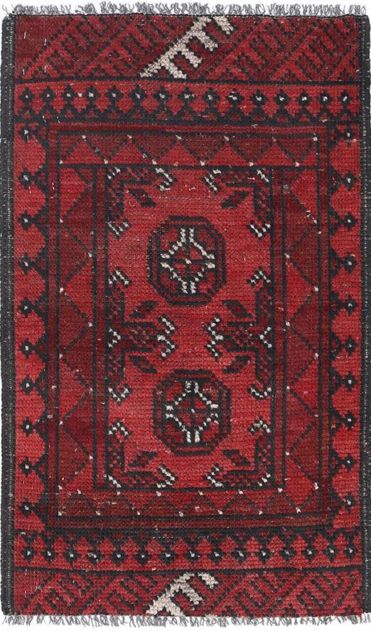 Ivory Hand-Knotted Afghan Tribal Geometric Wool Rug - 1'6" x 2'9"