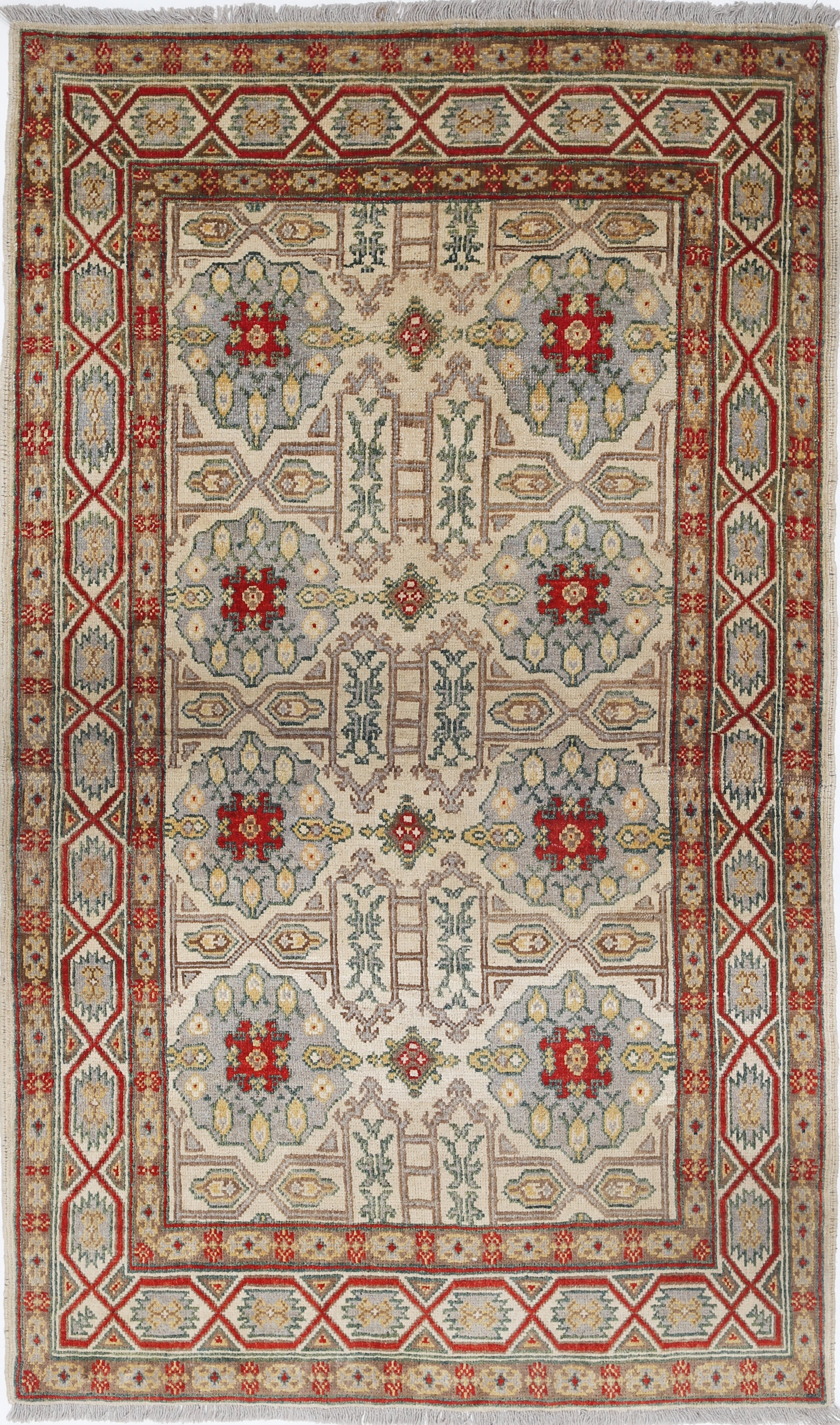 Ivory Hand-Knotted Distressed Vintage Wool Rug - 4'0" x 6'8"