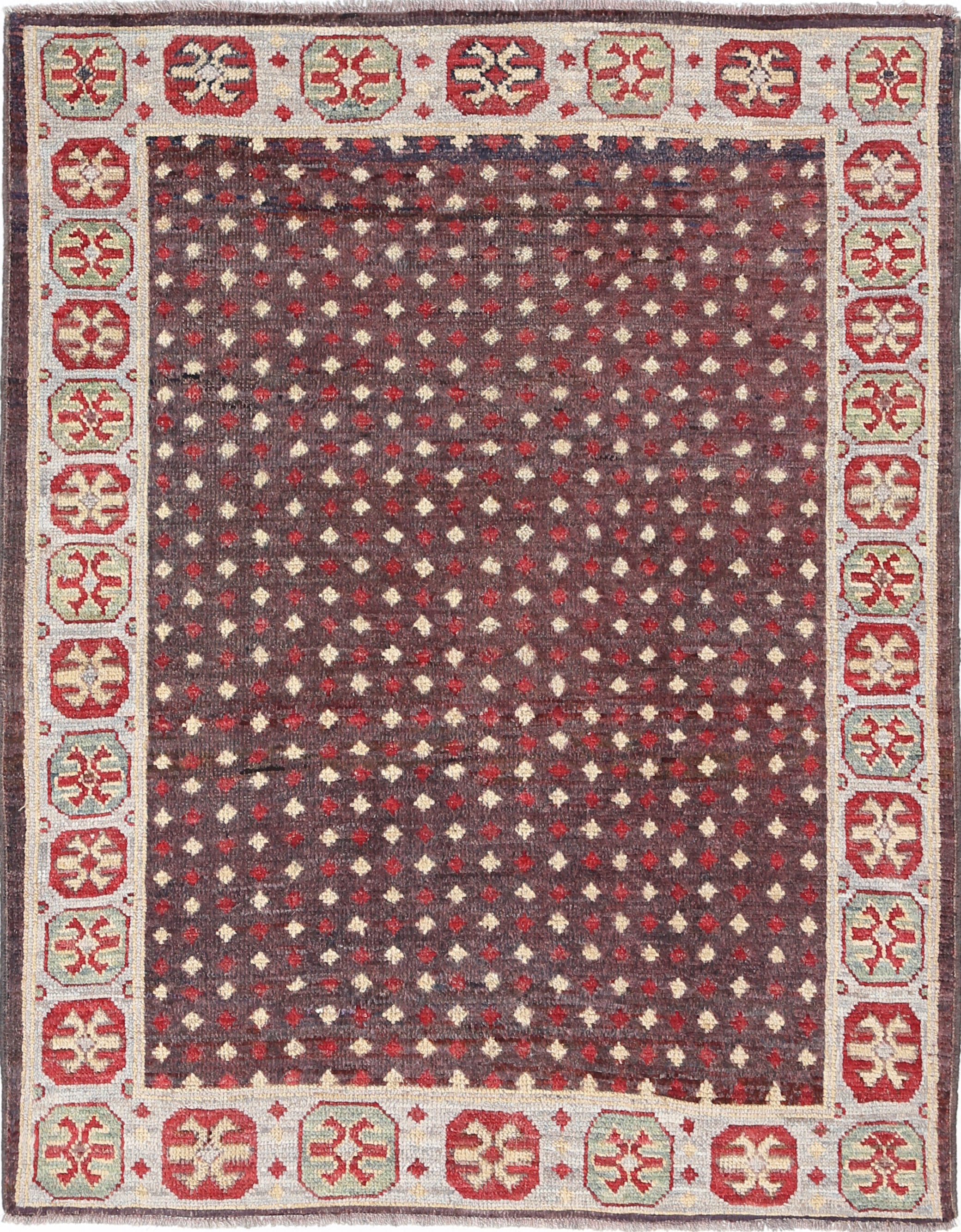 Brown Hand-Knotted Tribal Geometric Wool Rug - 4'10" x 6'4"