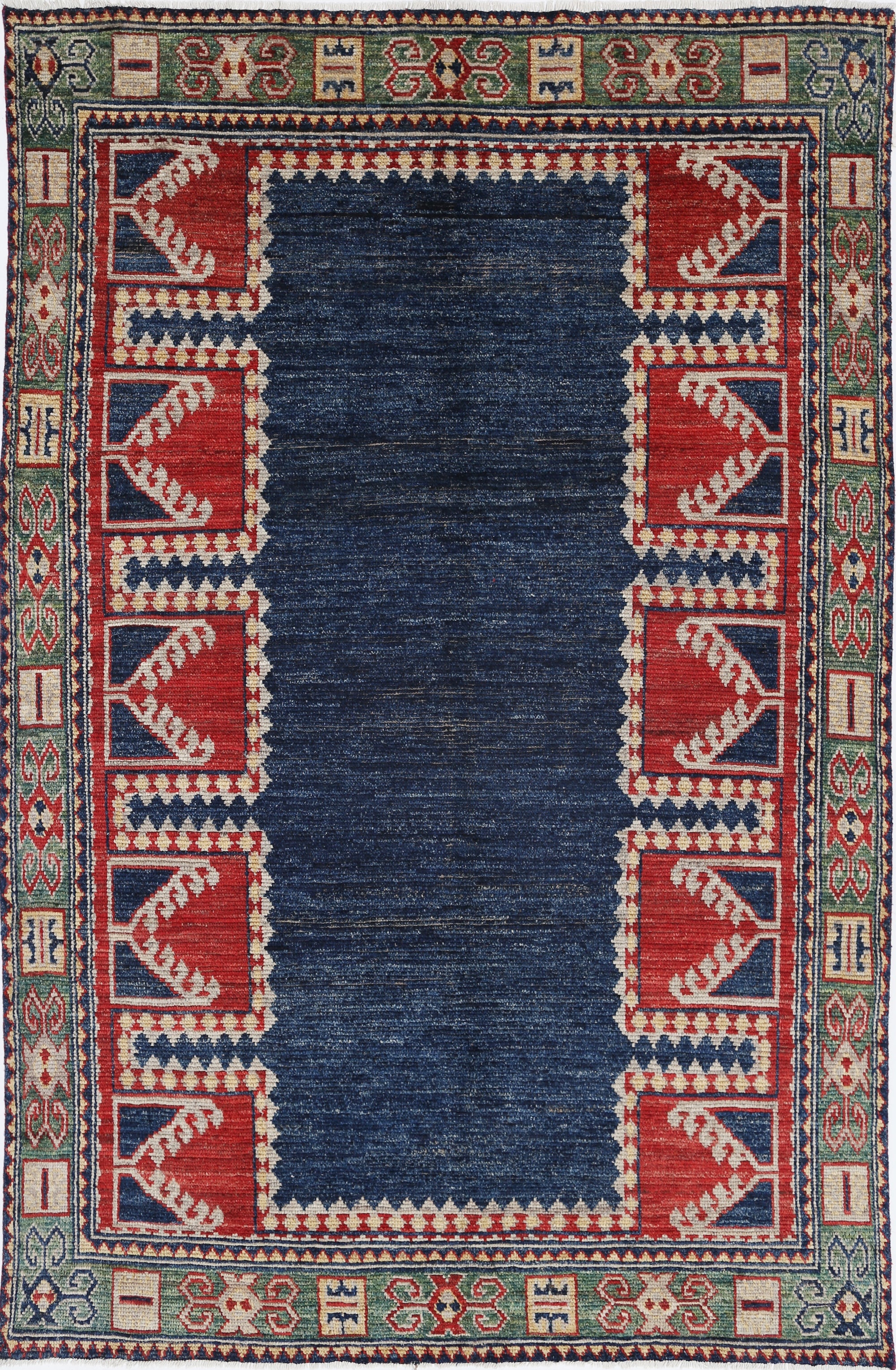 Blue Hand-Knotted Tribal Geometric Wool Rug - 6'3" x 9'6"