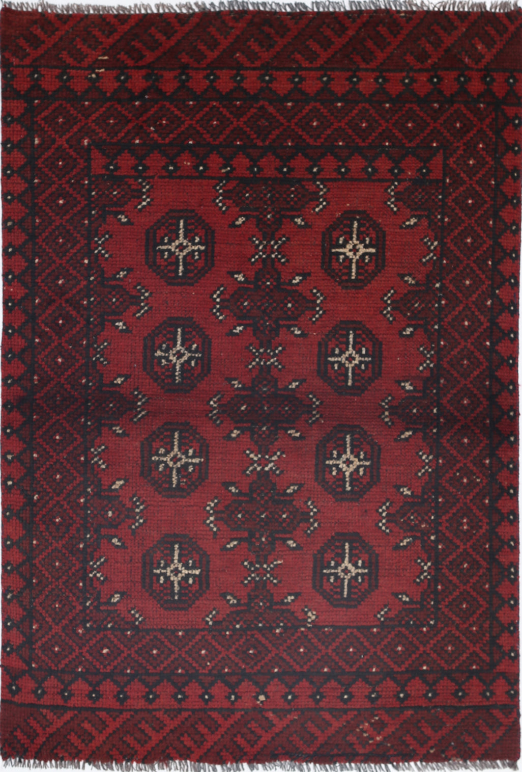 Ivory Hand-Knotted Afghan Tribal Geometric Wool Rug - 2'1" x 4'6"