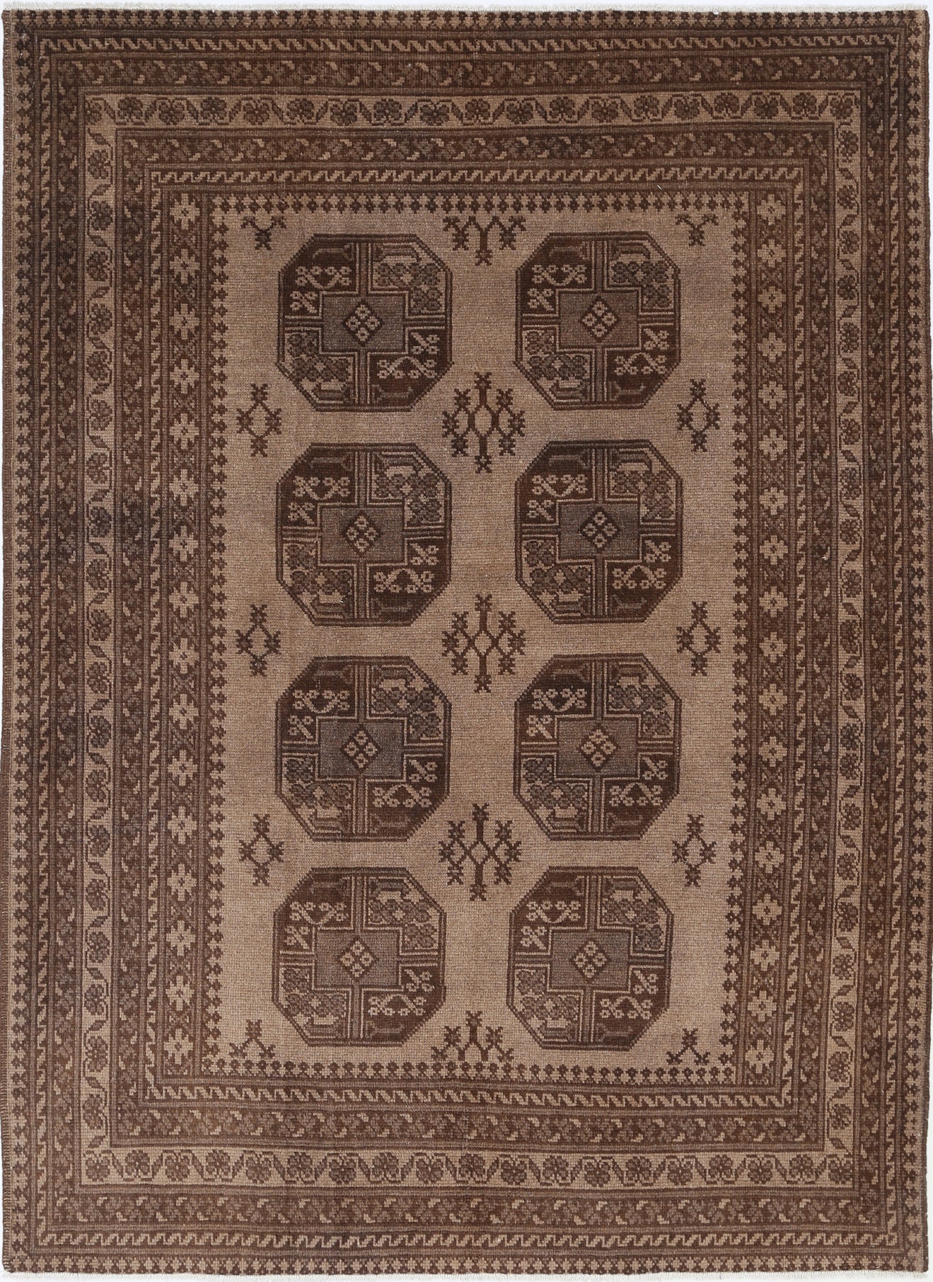 Ivory Hand-Knotted Afghan Tribal Geometric Wool Rug - 5'6" x 7'7"