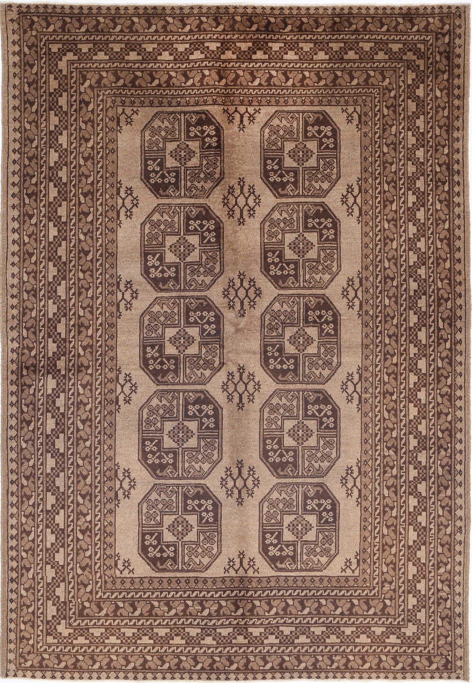 Ivory Hand-Knotted Afghan Tribal Geometric Wool Rug - 5'3" x 7'7"