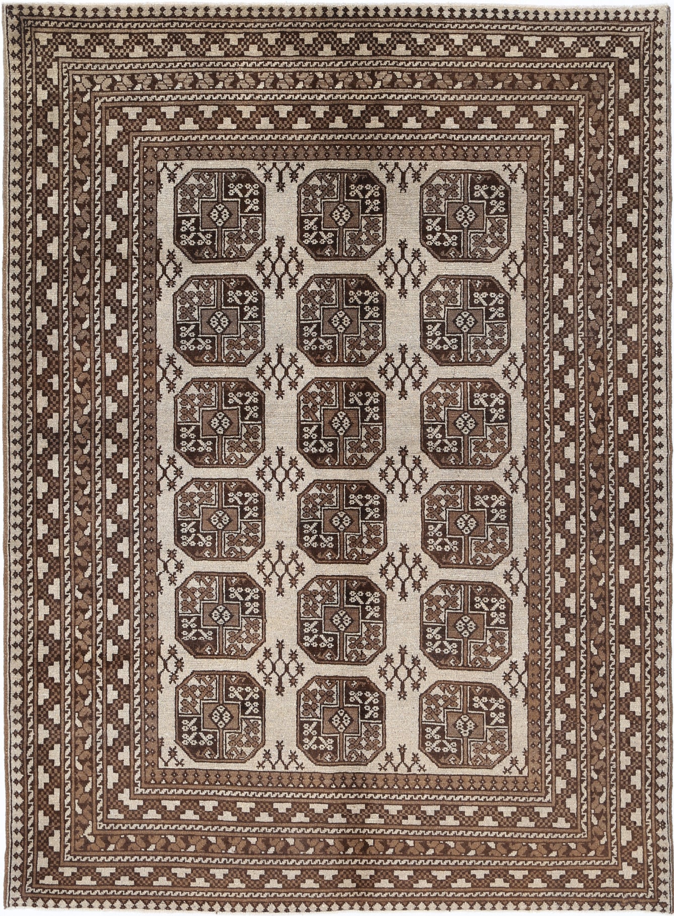 Ivory Hand-Knotted Afghan Tribal Geometric Wool Rug - 6'8" x 9'2"