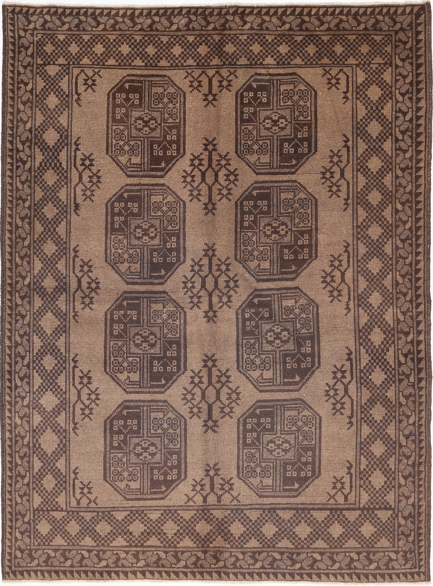 Ivory Hand-Knotted Afghan Tribal Geometric Wool Rug - 4'11" x 6'7"