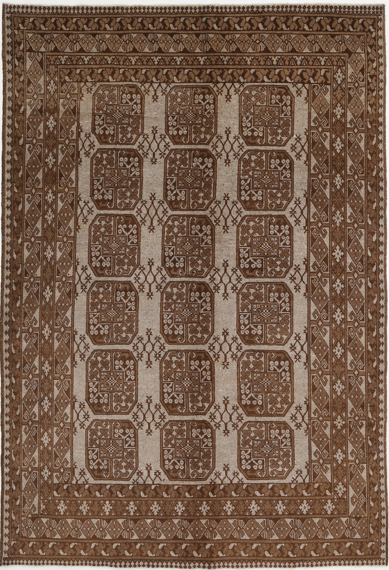 Ivory Hand-Knotted Afghan Tribal Geometric Wool Rug - 6'4" x 9'4"