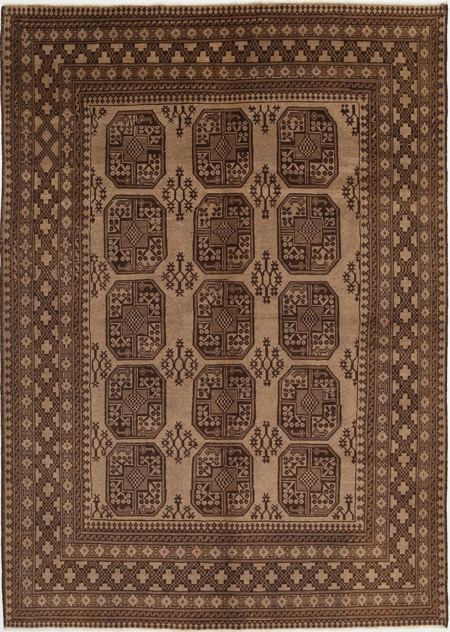 Ivory Hand-Knotted Afghan Tribal Geometric Wool Rug - 6'6" x 9'4"