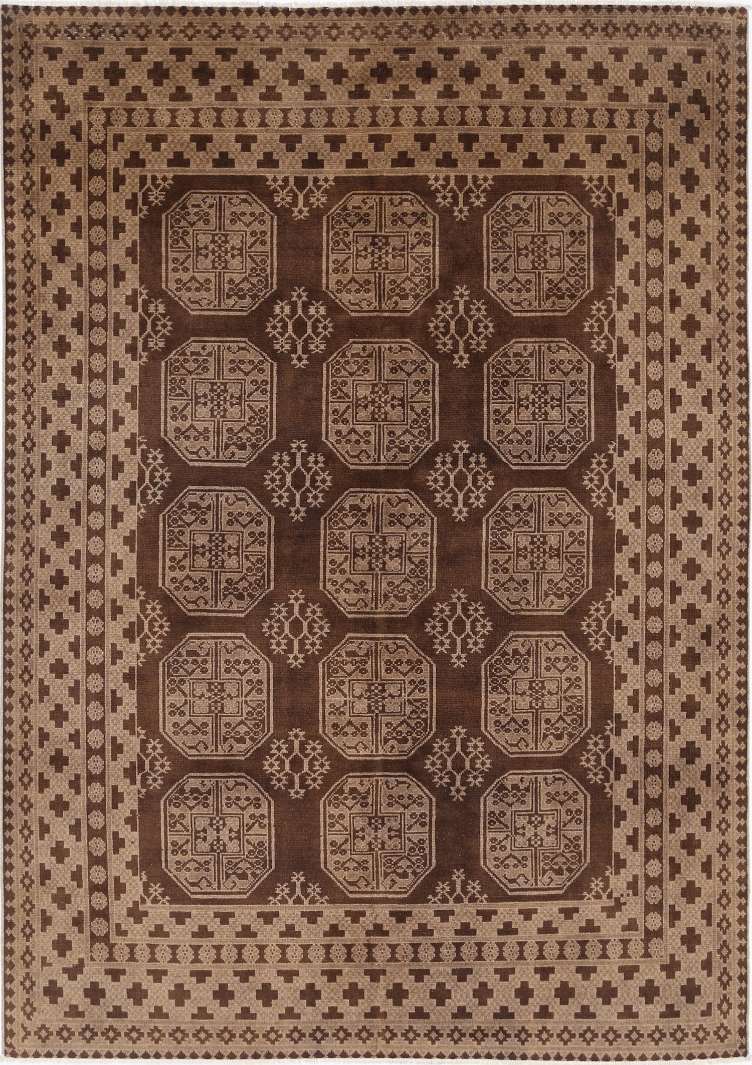 Ivory Hand-Knotted Afghan Tribal Geometric Wool Rug - 6'4" x 9'3"