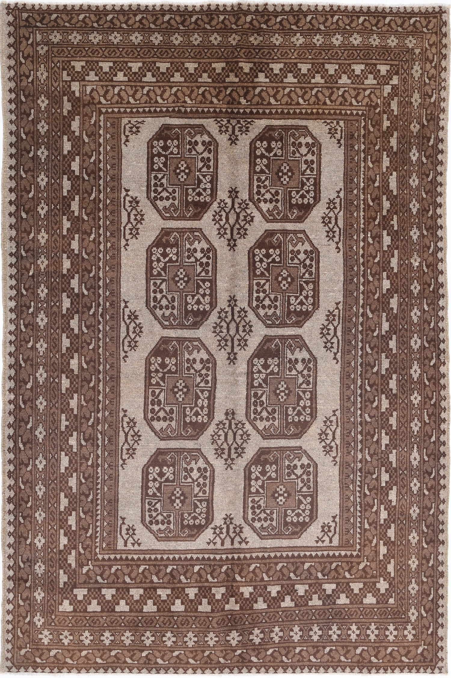 Ivory Hand-Knotted Afghan Tribal Geometric Wool Rug - 5'3" x 7'11"
