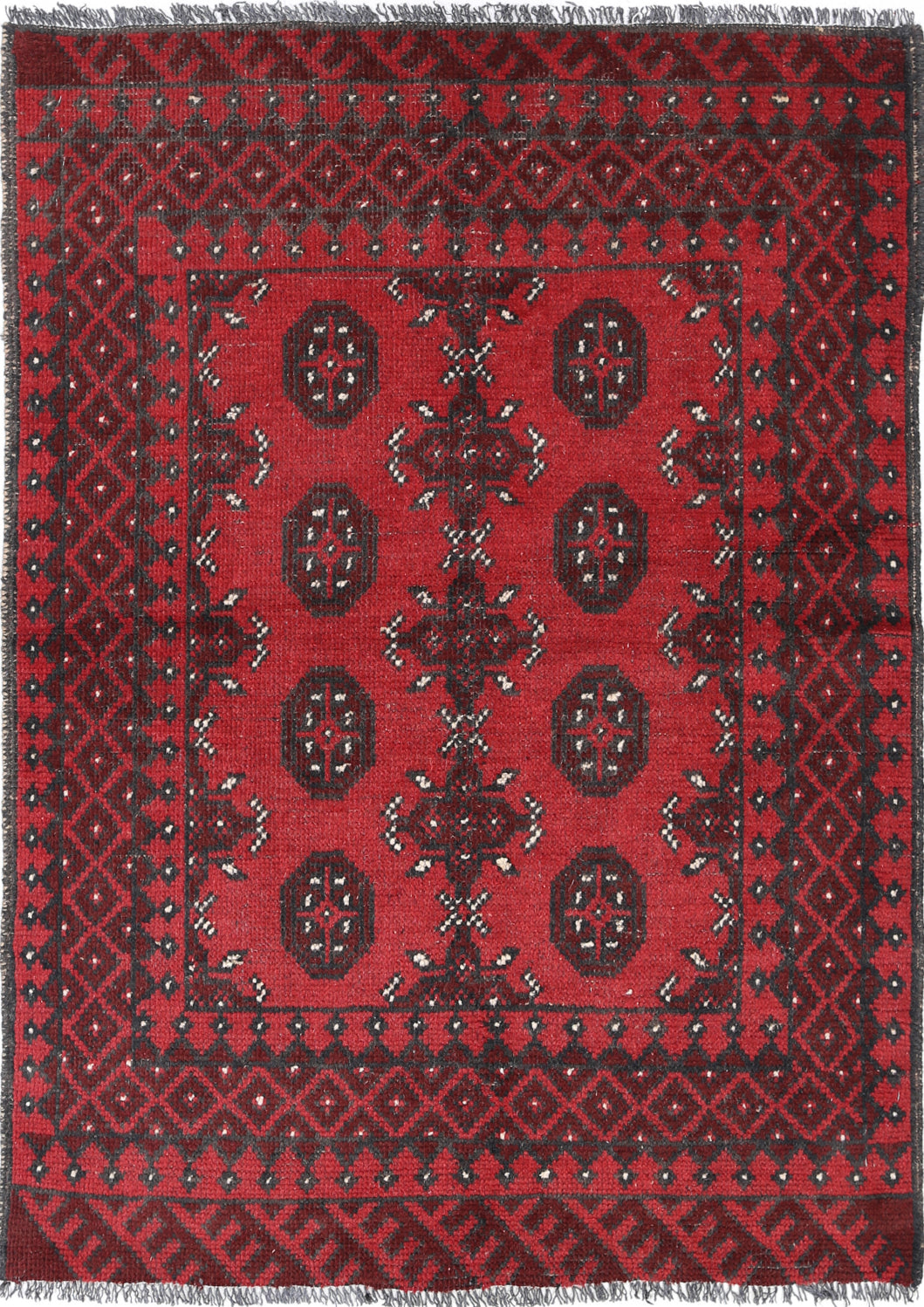 Ivory Hand-Knotted Afghan Tribal Geometric Wool Rug - 3'2" x 4'7"