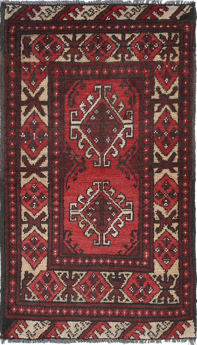 Ivory Hand-Knotted Afghan Tribal Geometric Wool Rug - 1'10" x 3'5"