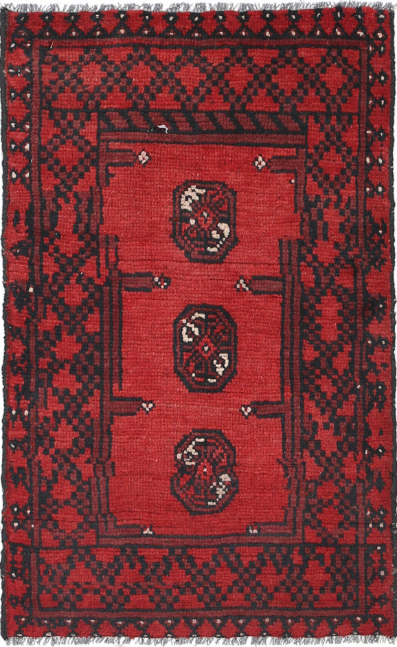 Ivory Hand-Knotted Afghan Tribal Geometric Wool Rug - 1'8" x 2'9"