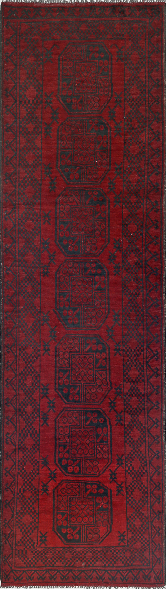 Ivory Hand-Knotted Afghan Tribal Geometric Wool Rug - 2'6" x 9'3"