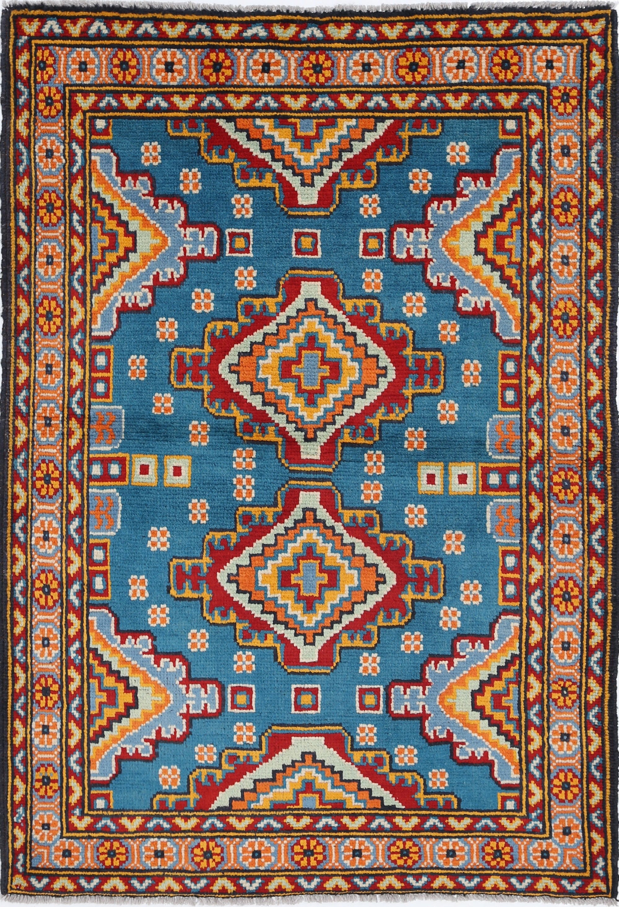 Teal Hand-Knotted Tribal Geometric Wool Rug - 3'6" x 5'2"