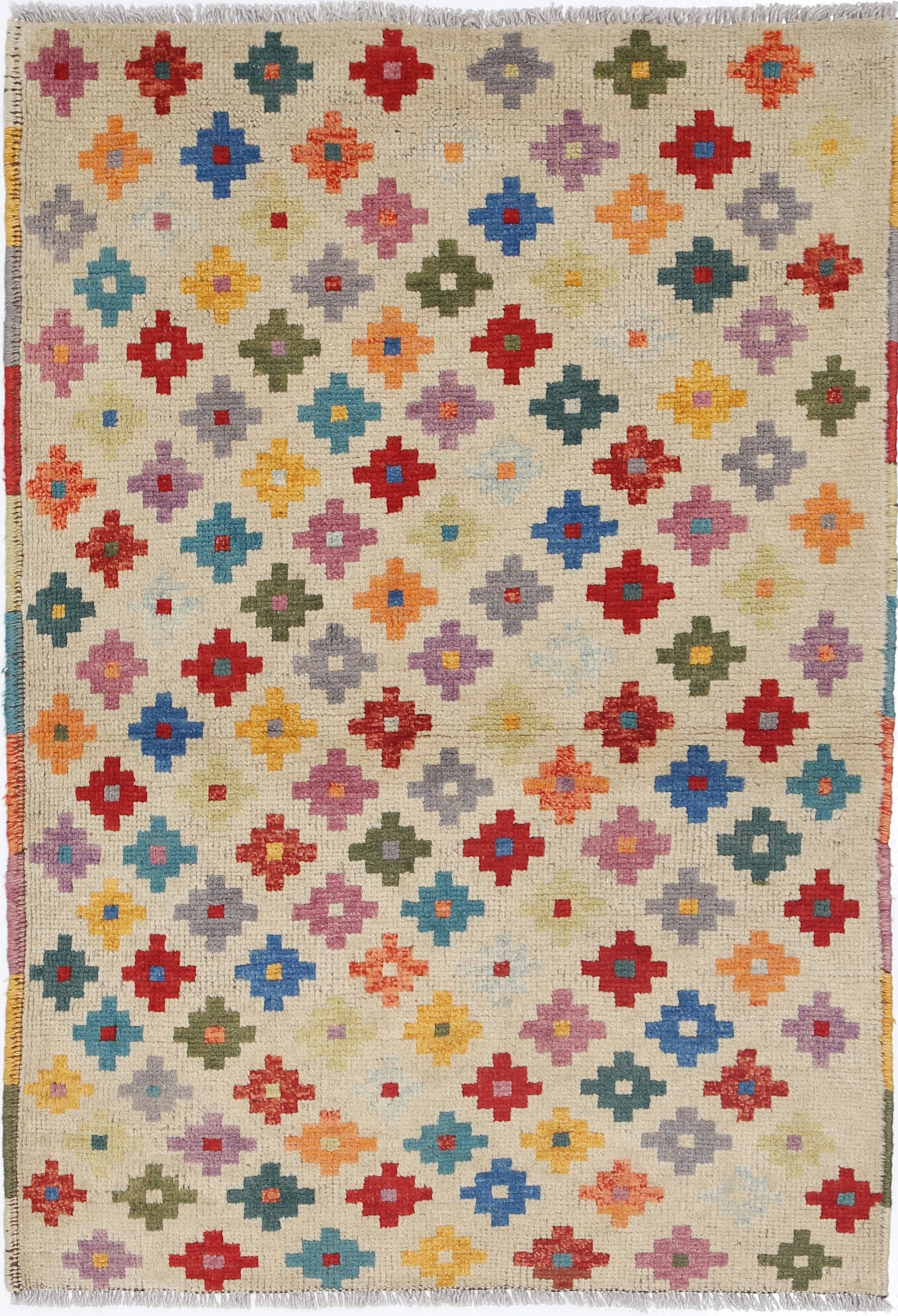 Ivory Hand-Knotted Tribal Geometric Wool Rug - 2'7" x 3'11"