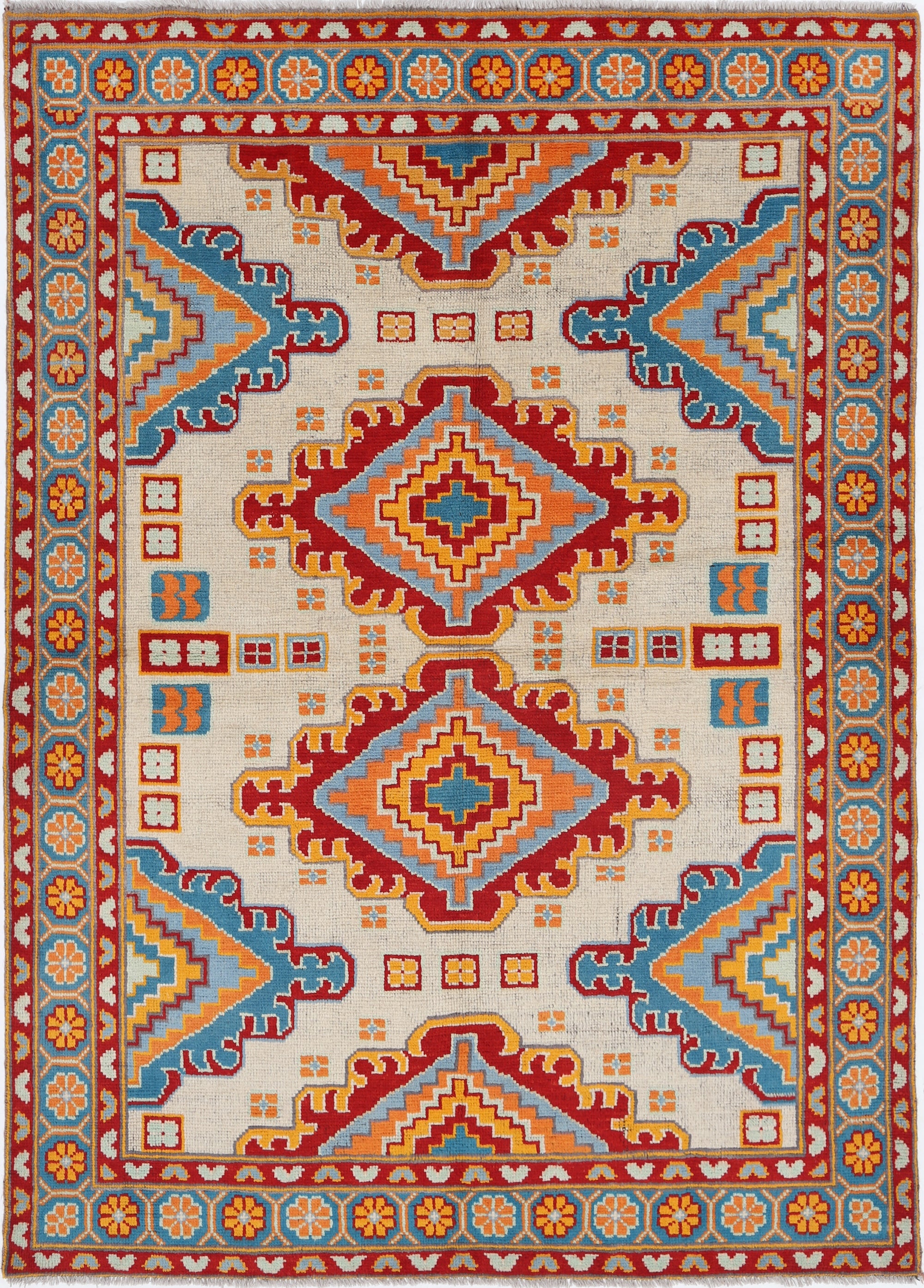 Ivory Hand-Knotted Tribal Geometric Wool Rug - 5'7" x 7'10"